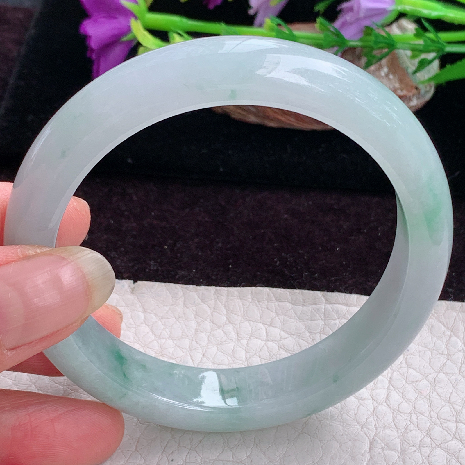 fx实拍58*13*8.7平安镯 天然缅甸翡翠手镯冰飘花胶感正圈玉镯子