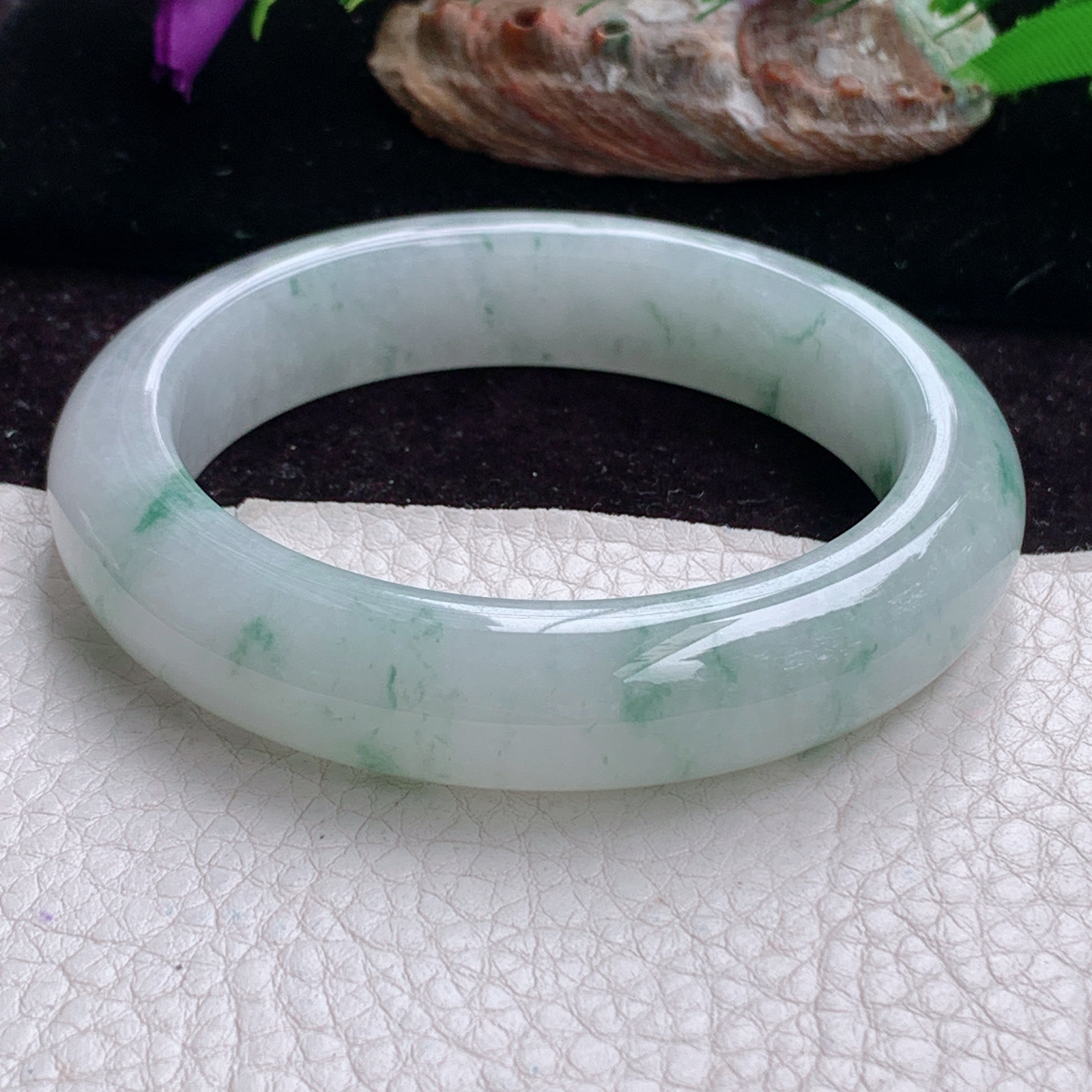 js实拍56*13.3*9.5平安镯 天然缅甸翡翠手镯冰飘花厚装正圈玉镯子