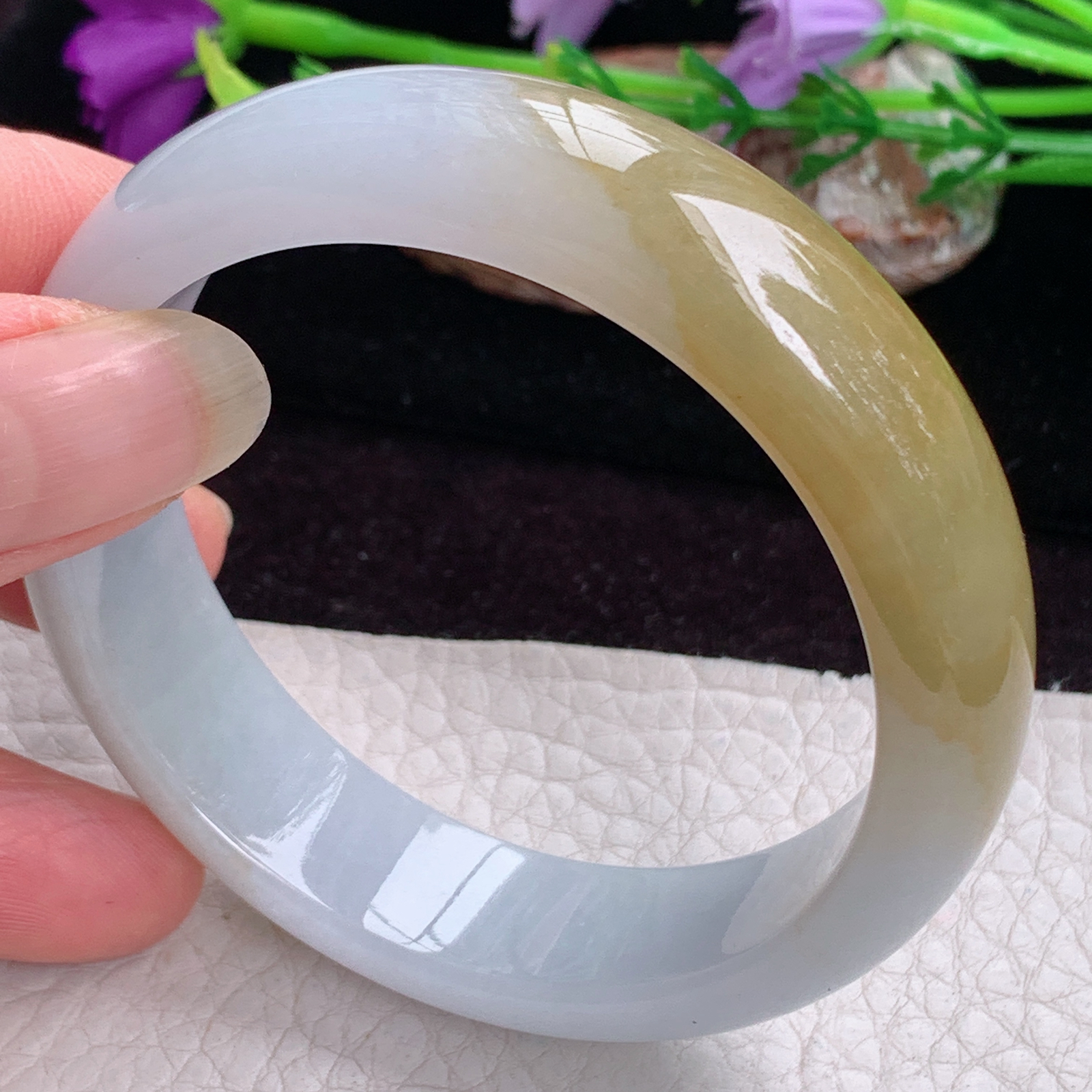 z实拍55*15*7.5招财轮胎镯 天然缅甸翡翠手镯双彩正圈玉镯子