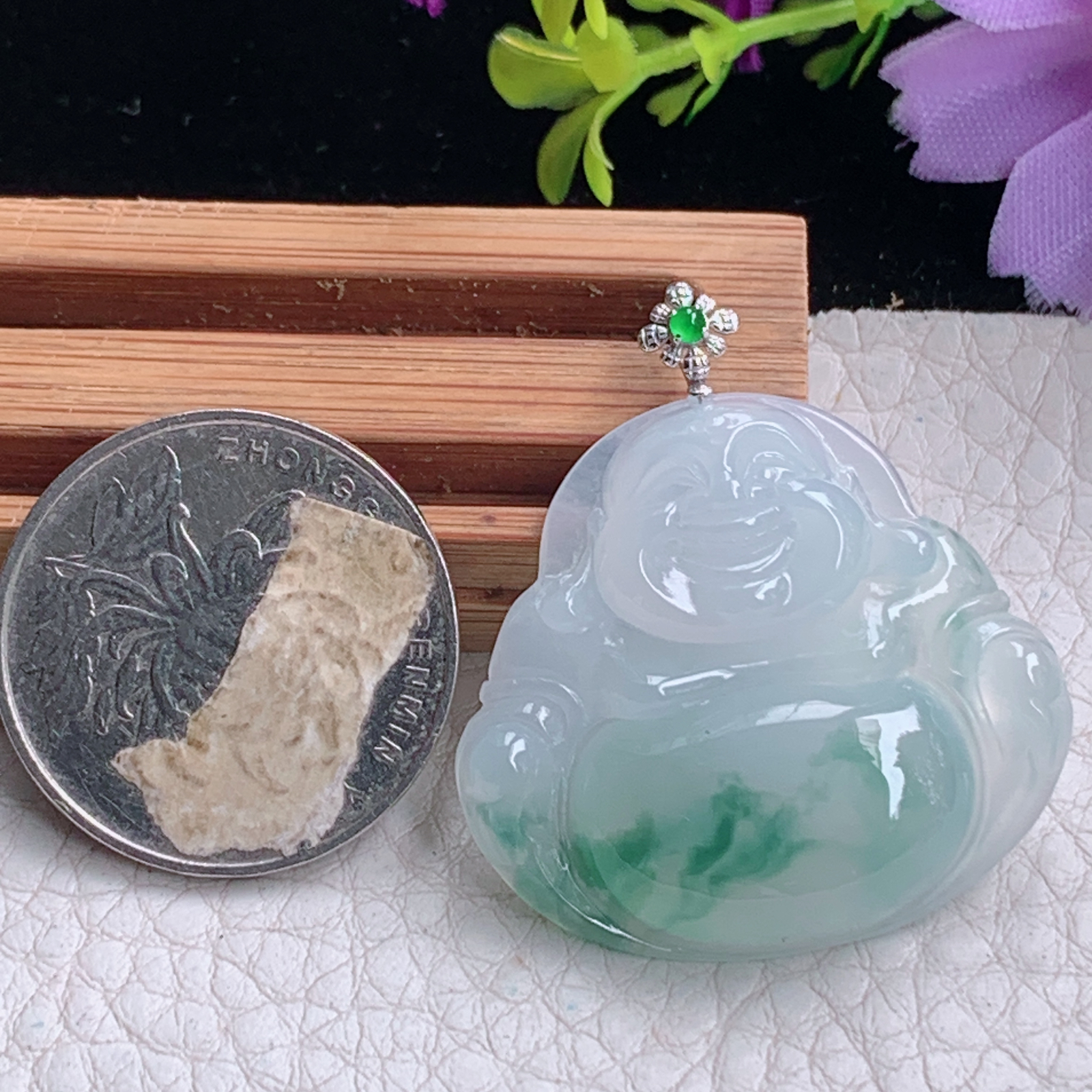 zz3实拍30*32.6*6缅甸翡翠冰种飘花大佛公吊坠 18k金扣弥勒佛玉坠