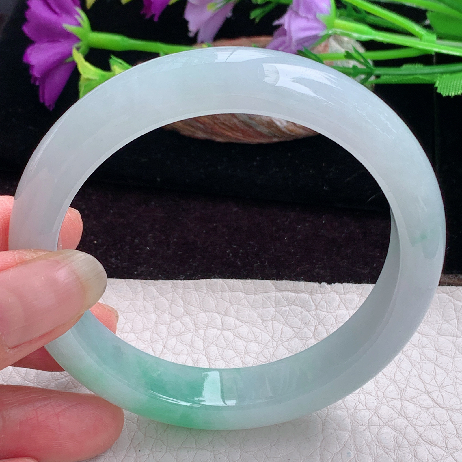 hy大圈口59.5*12.3*8.8平安镯 天然缅甸翡翠手镯冰飘绿正圈玉镯子