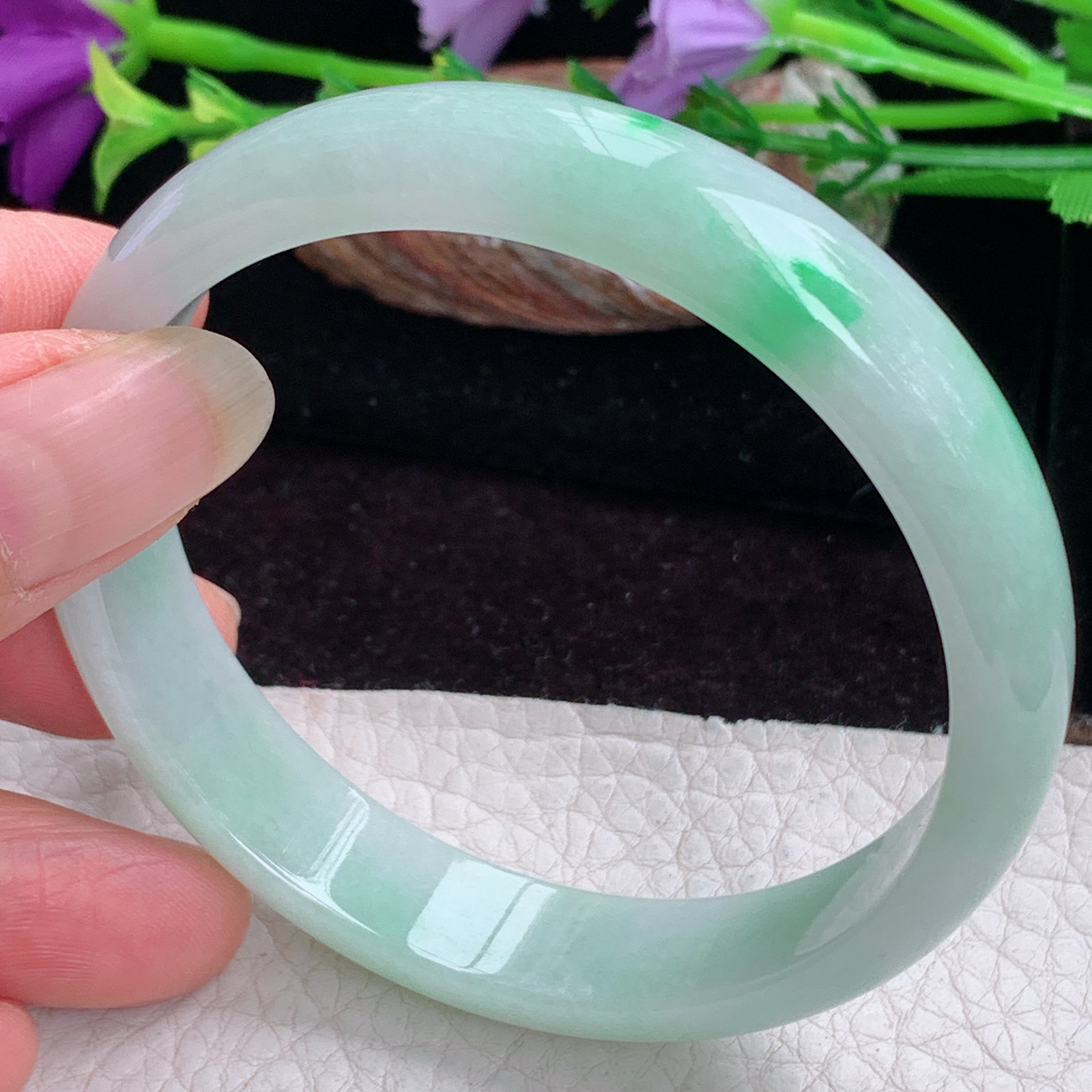 hy实拍59*12.5*6.5平安镯 天然缅甸翡翠手镯白底青正圈玉镯子