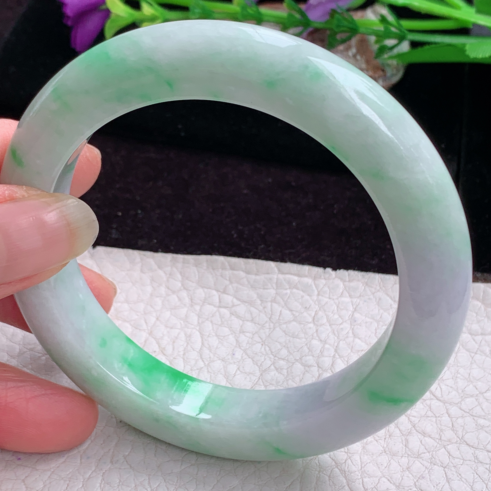 pj实拍58.8*11.8*10.5平安镯 天然缅甸翡翠手镯飘绿厚装正圈玉镯子