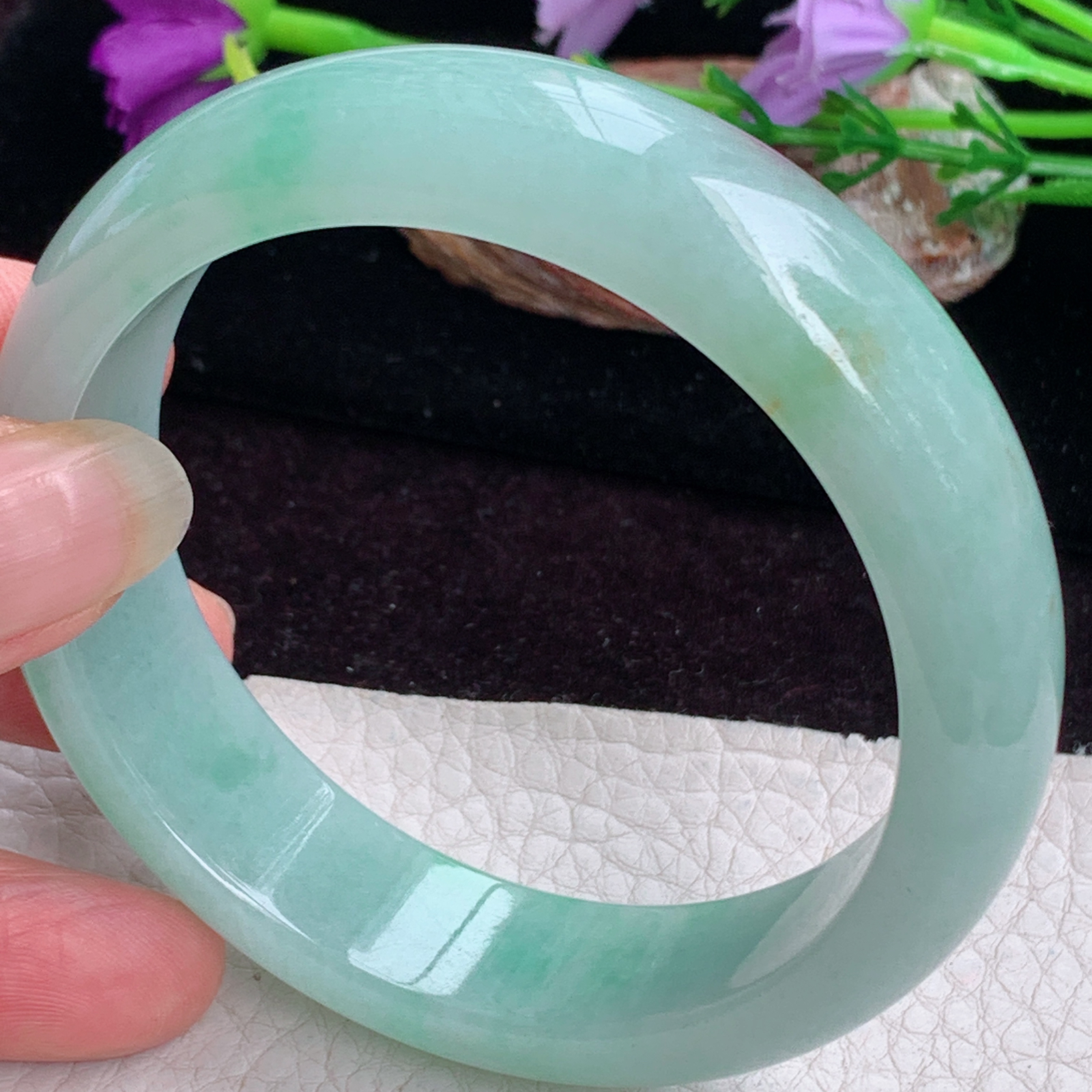 hy实拍59*16*8.2招财轮胎镯 天然缅甸翡翠手镯蓝韵飘红翡正圈玉镯子