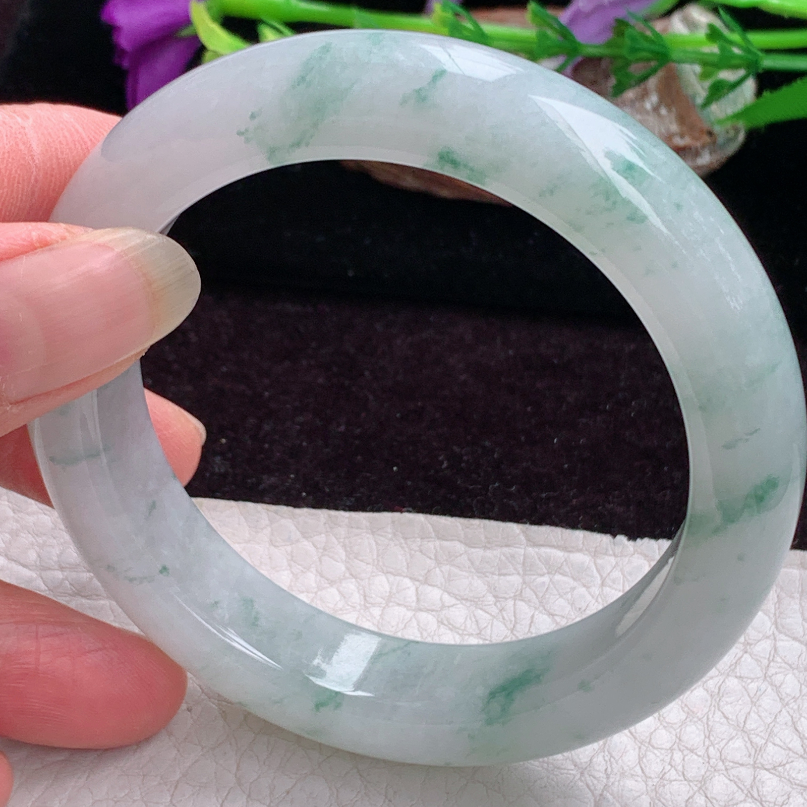 js实拍56*13.3*9.5平安镯 天然缅甸翡翠手镯冰飘花厚装正圈玉镯子