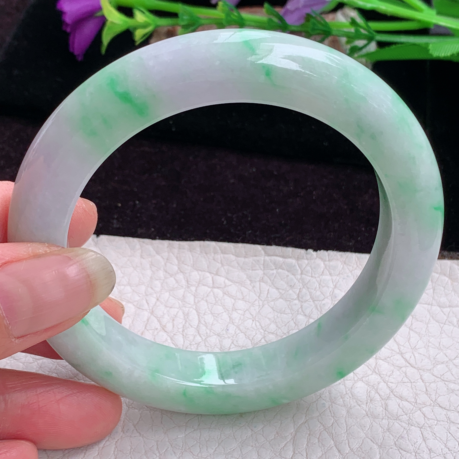 pj实拍58.8*11.8*10.5平安镯 天然缅甸翡翠手镯飘绿厚装正圈玉镯子