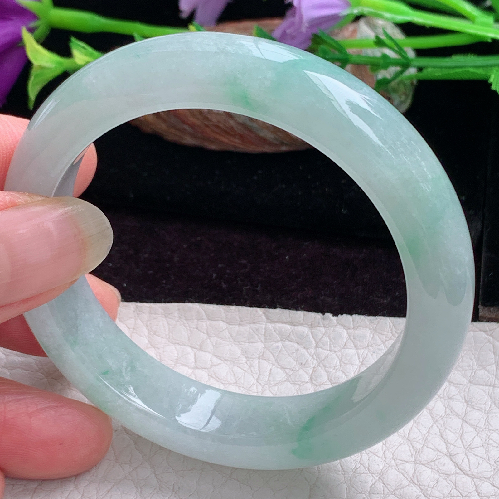 z小圈口52*12.5*8.2平安镯 天然缅甸翡翠手镯飘花秀气正圈玉镯子