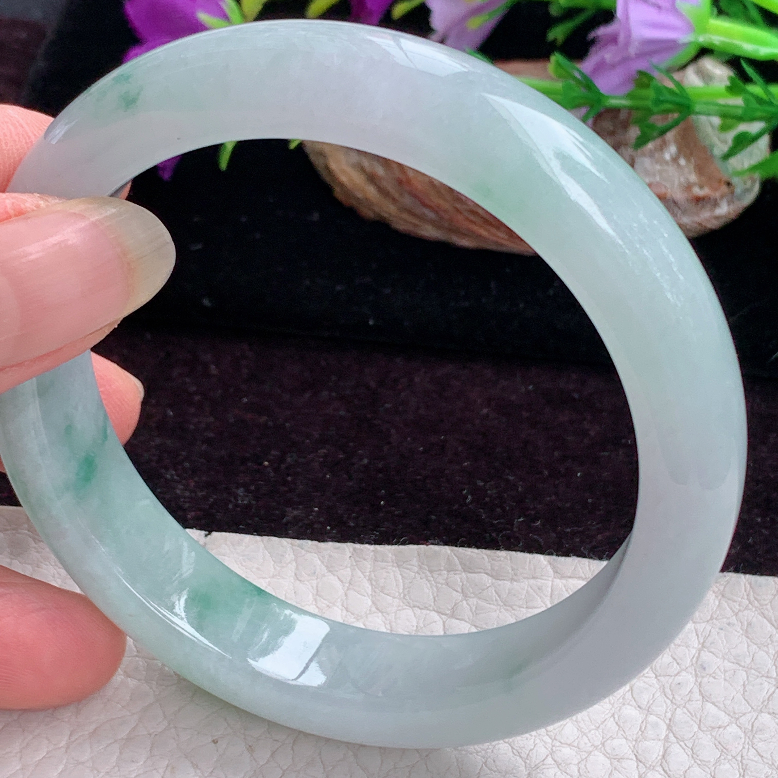 fx实拍58*13*8.7平安镯 天然缅甸翡翠手镯冰飘花胶感正圈玉镯子