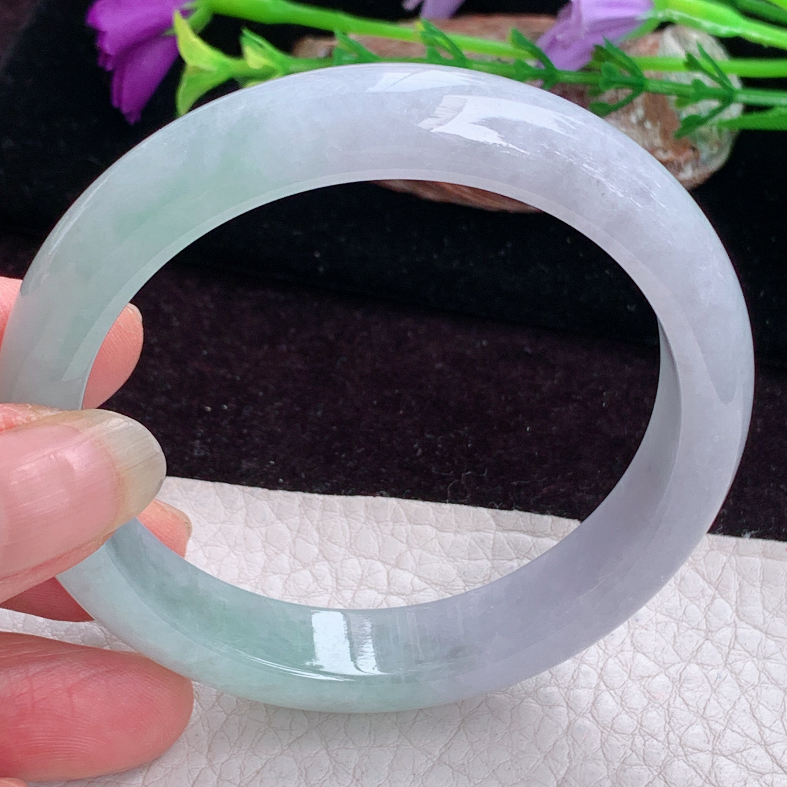 pj实拍56.8*12*7.8平安镯 天然缅甸翡翠手镯春带彩胶感正圈玉镯子