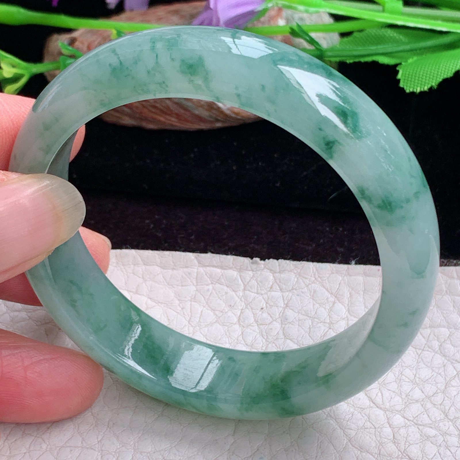 ee小圈口53*13.3*7.3平安镯 天然缅甸翡翠手镯冰飘花秀气正圈玉镯子