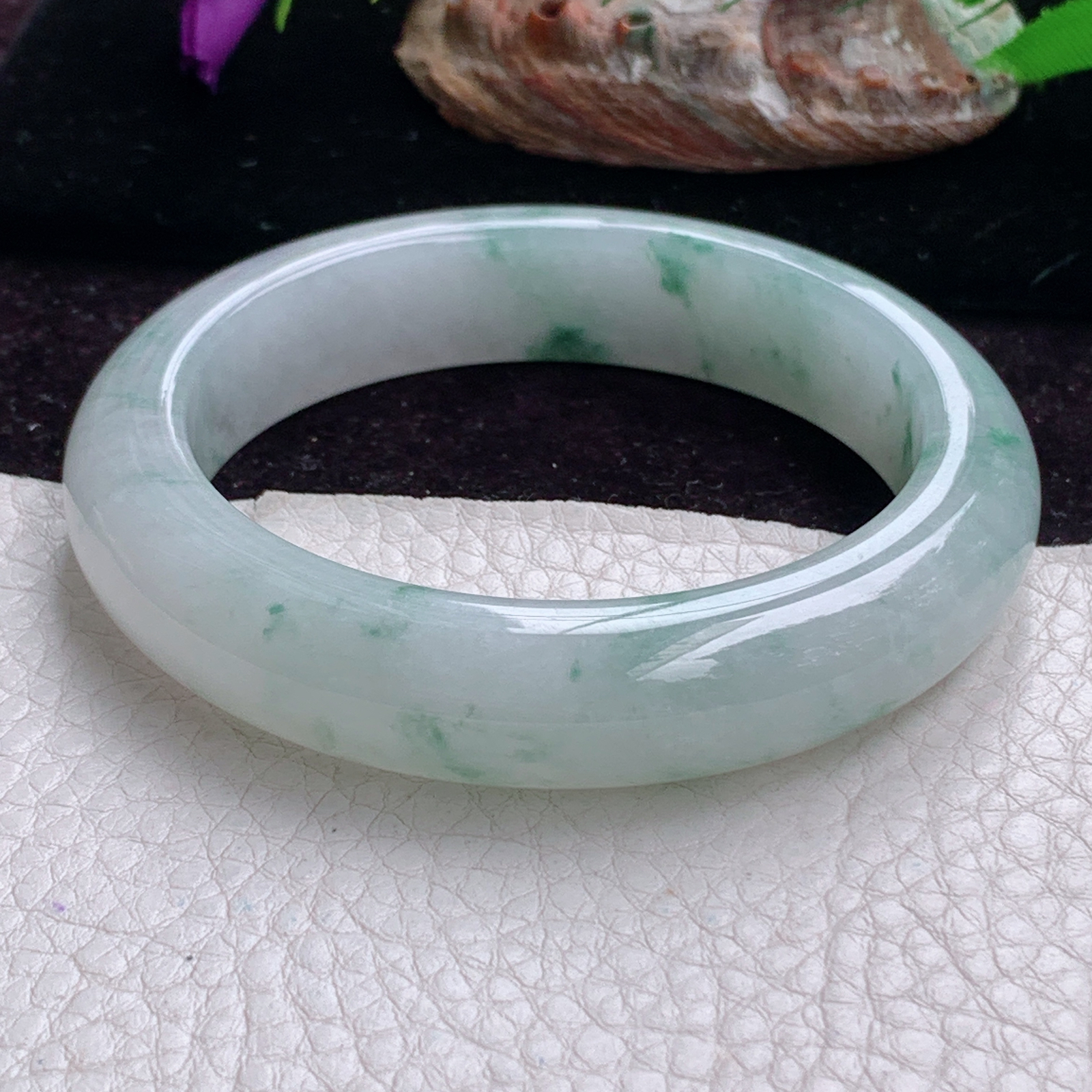 js实拍56*13.3*9.5平安镯 天然缅甸翡翠手镯冰飘花厚装正圈玉镯子