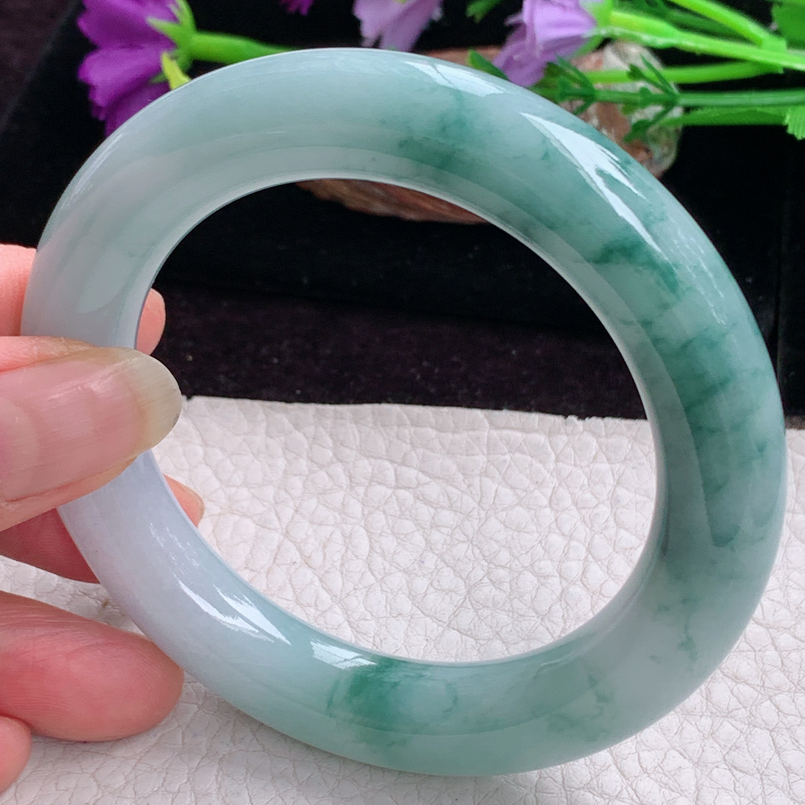 z实拍56*11.5*12胖圆镯 天然缅甸翡翠手镯飘花大气圆条正圈玉镯子