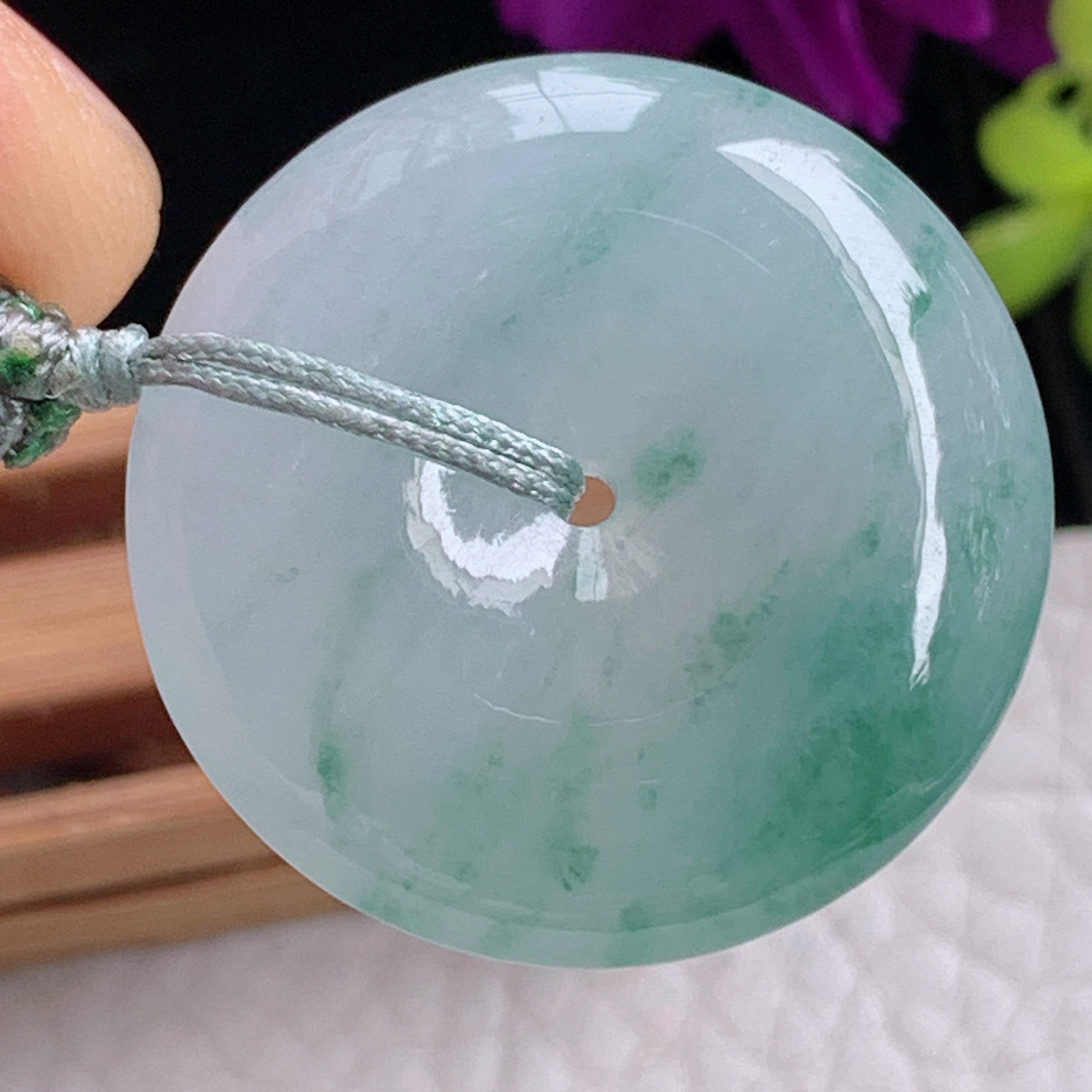 zz3实拍27.8*6.2缅甸翡翠飘花平安扣吊坠精美宝宝平安玉坠