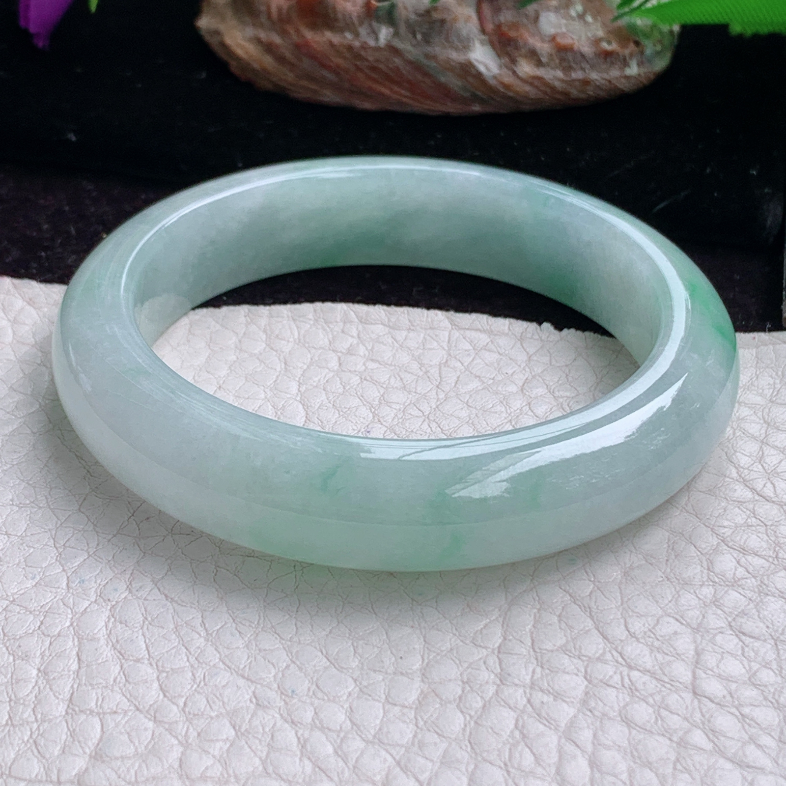 z小圈口52*12.5*8.2平安镯 天然缅甸翡翠手镯飘花秀气正圈玉镯子