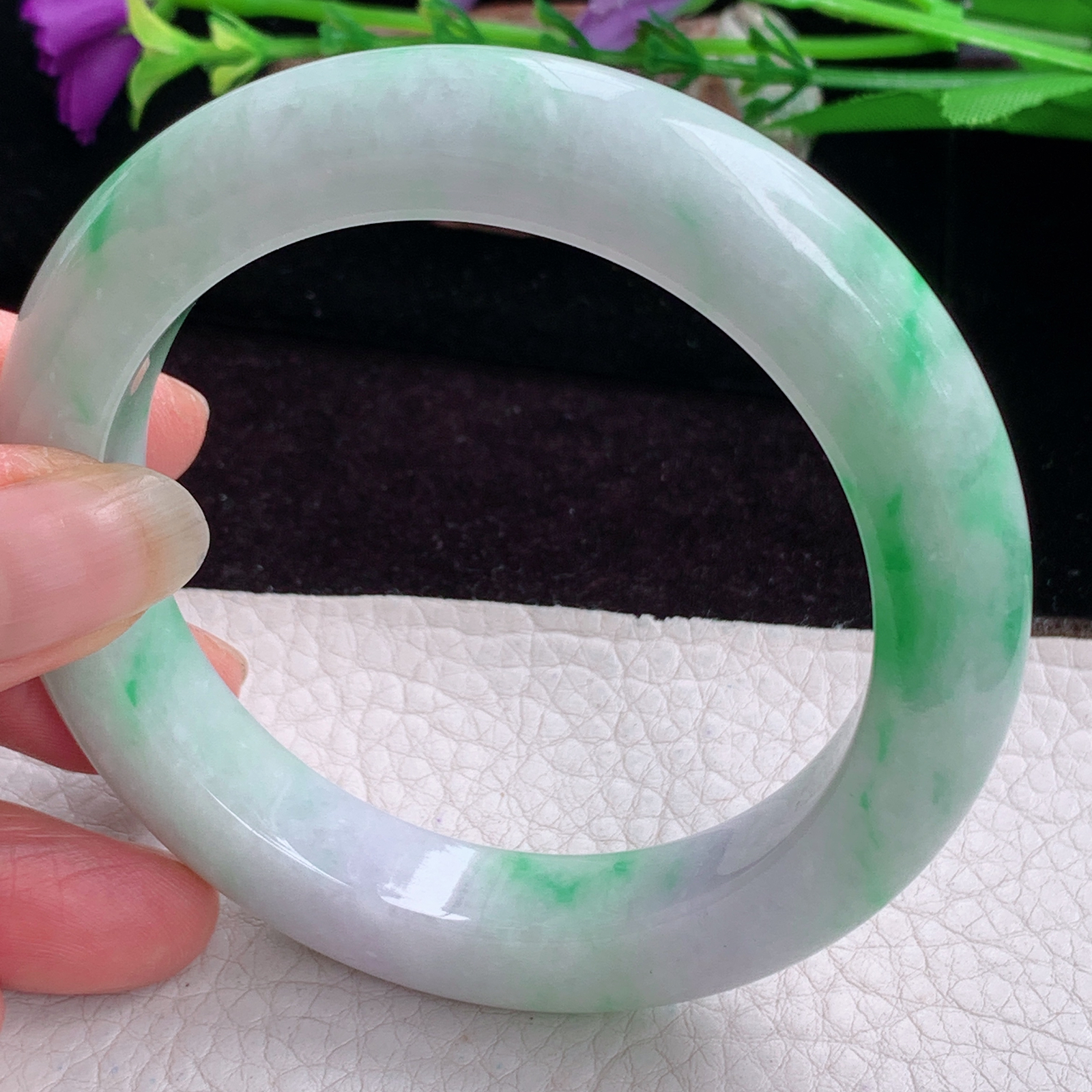 pj实拍58.8*11.8*10.5平安镯 天然缅甸翡翠手镯飘绿厚装正圈玉镯子