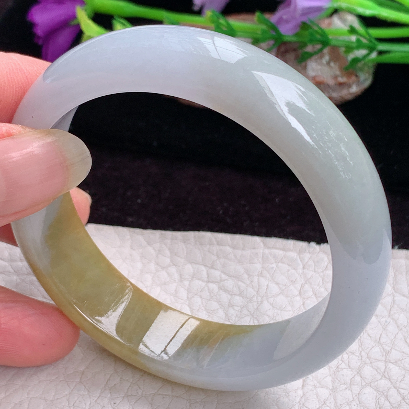 z实拍55*15*7.5招财轮胎镯 天然缅甸翡翠手镯双彩正圈玉镯子