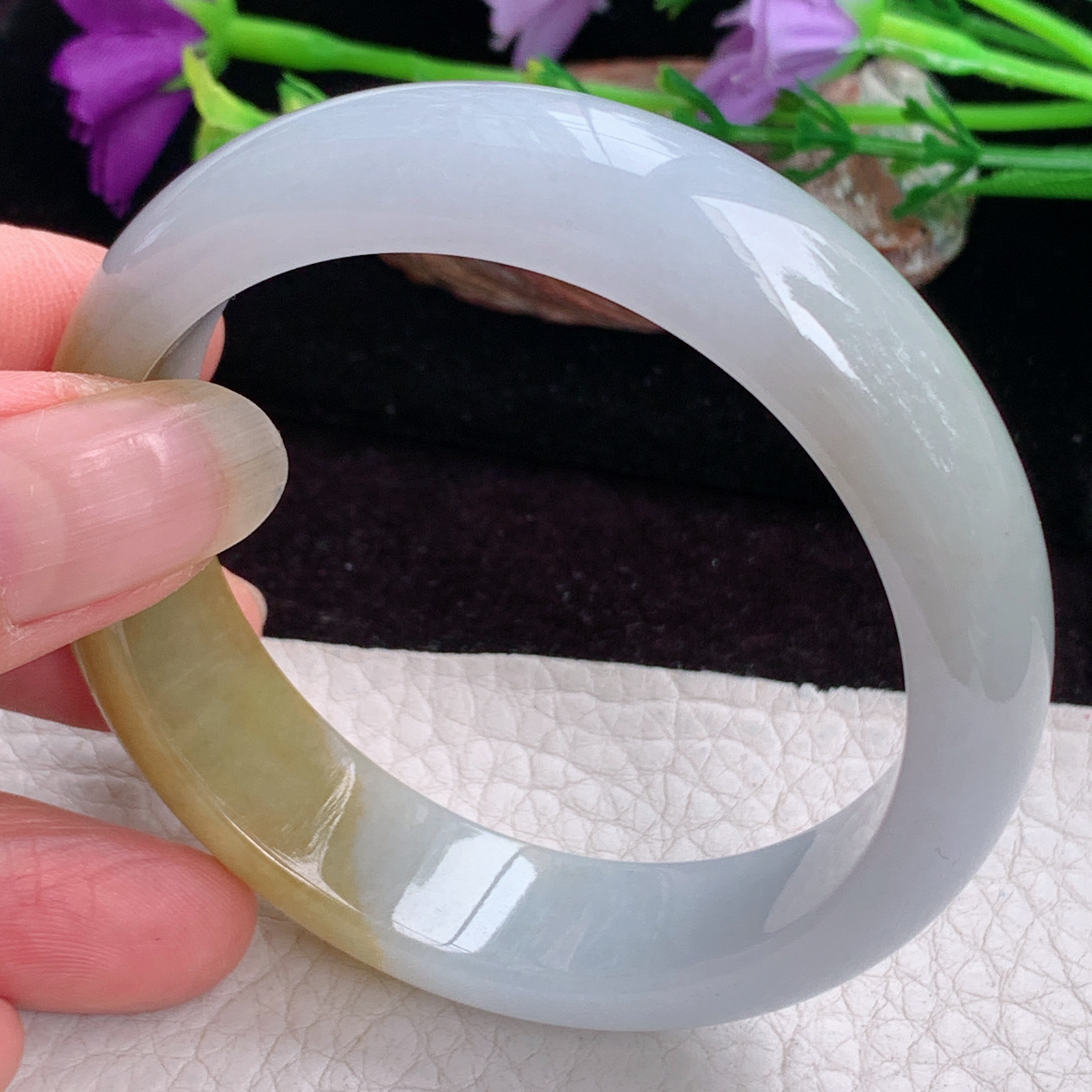 z实拍55*15*7.5招财轮胎镯 天然缅甸翡翠手镯双彩正圈玉镯子