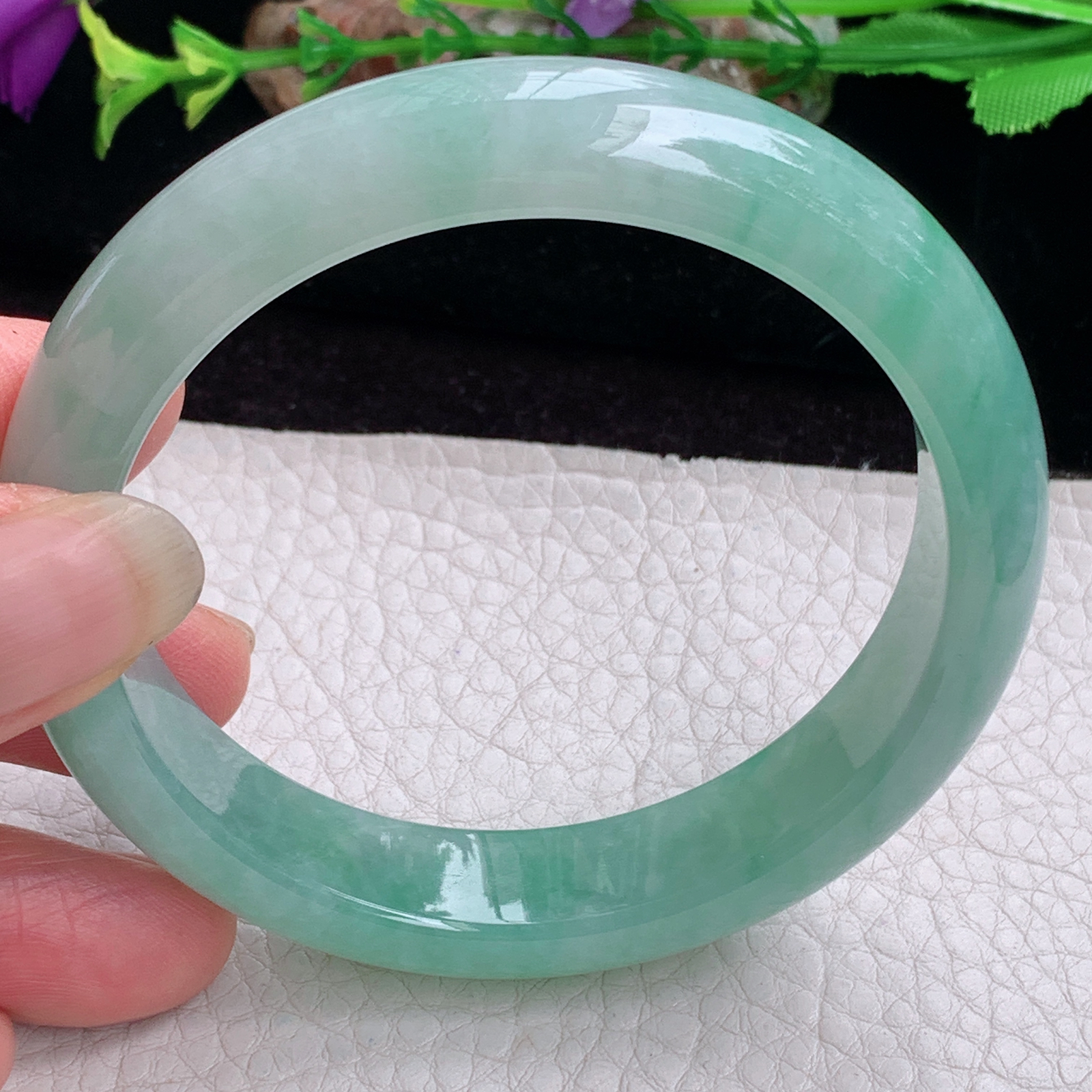 ee实拍57.5*13*8.2平安镯 天然缅甸翡翠手镯冰胶飘绿清爽大气正圈玉镯子