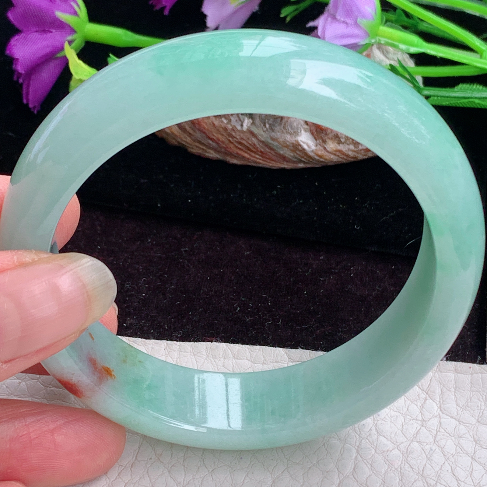 hy实拍59*16*8.2招财轮胎镯 天然缅甸翡翠手镯蓝韵飘红翡正圈玉镯子