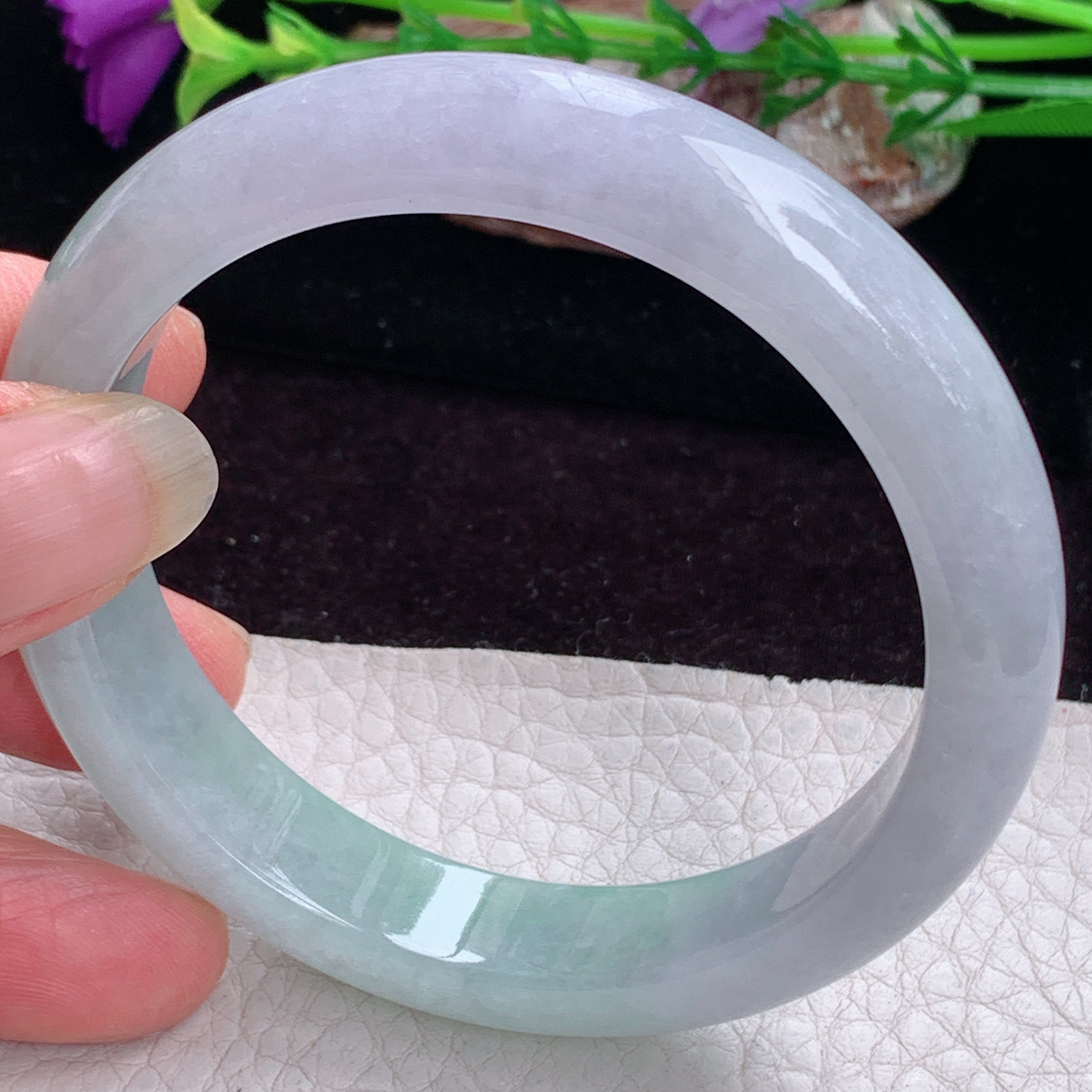 pj实拍56.8*12*7.8平安镯 天然缅甸翡翠手镯春带彩胶感正圈玉镯子