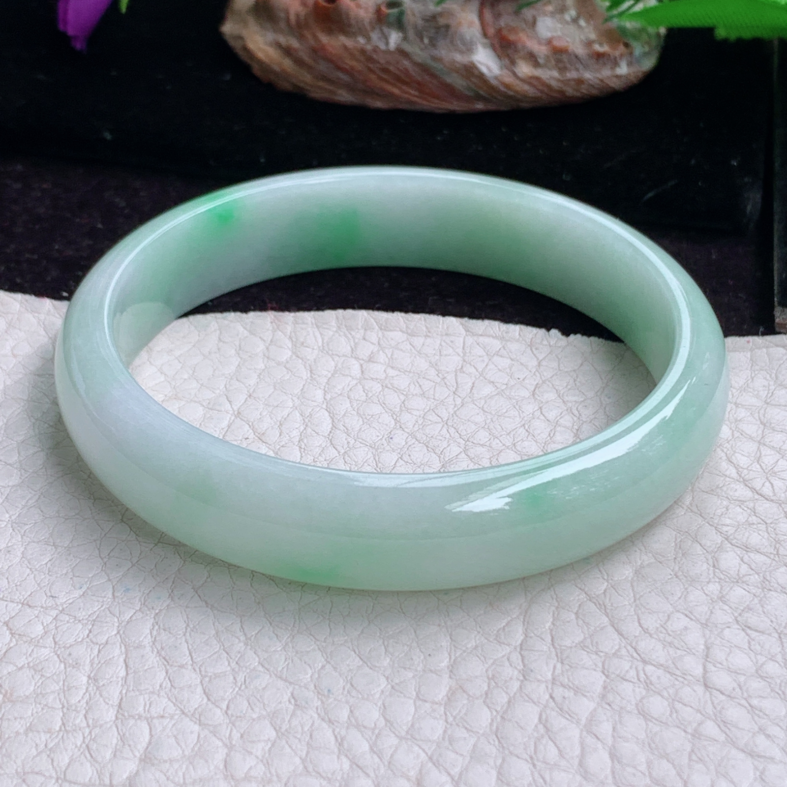 hy实拍59*12.5*6.5平安镯 天然缅甸翡翠手镯白底青正圈玉镯子