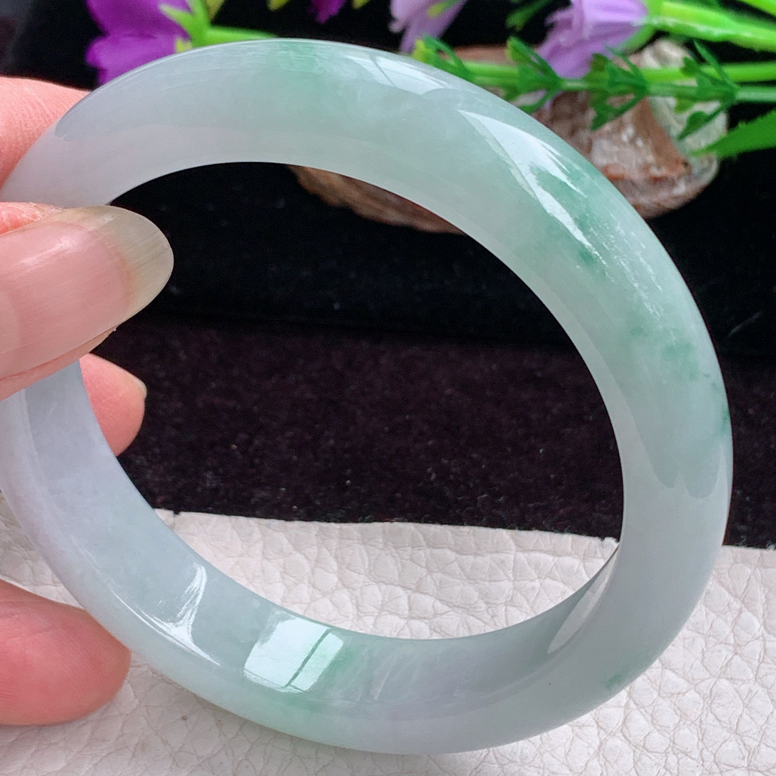 fx实拍58*13*8.7平安镯 天然缅甸翡翠手镯冰飘花胶感正圈玉镯子