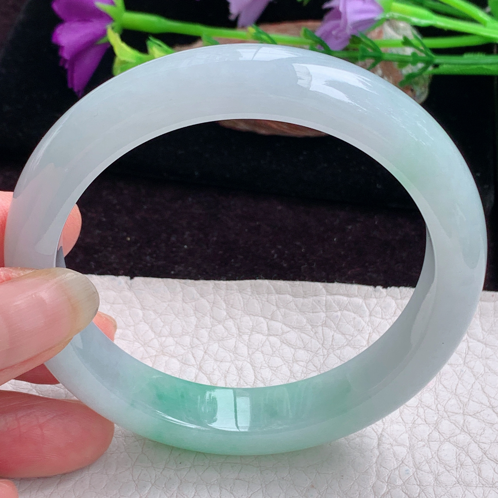 hy大圈口59.5*12.3*8.8平安镯 天然缅甸翡翠手镯冰飘绿正圈玉镯子