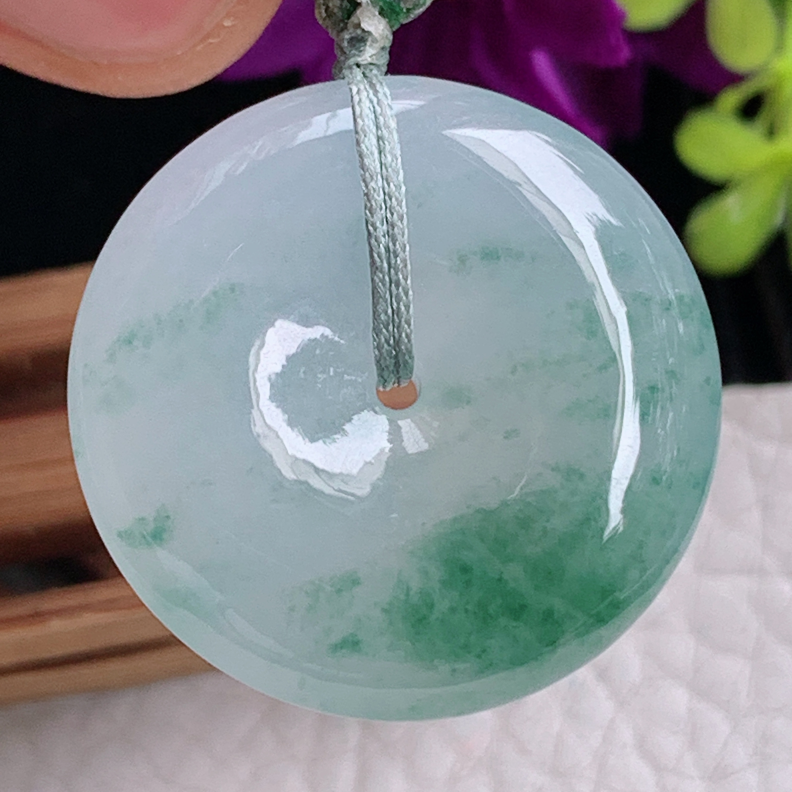 zz3实拍27.8*6.2缅甸翡翠飘花平安扣吊坠精美宝宝平安玉坠