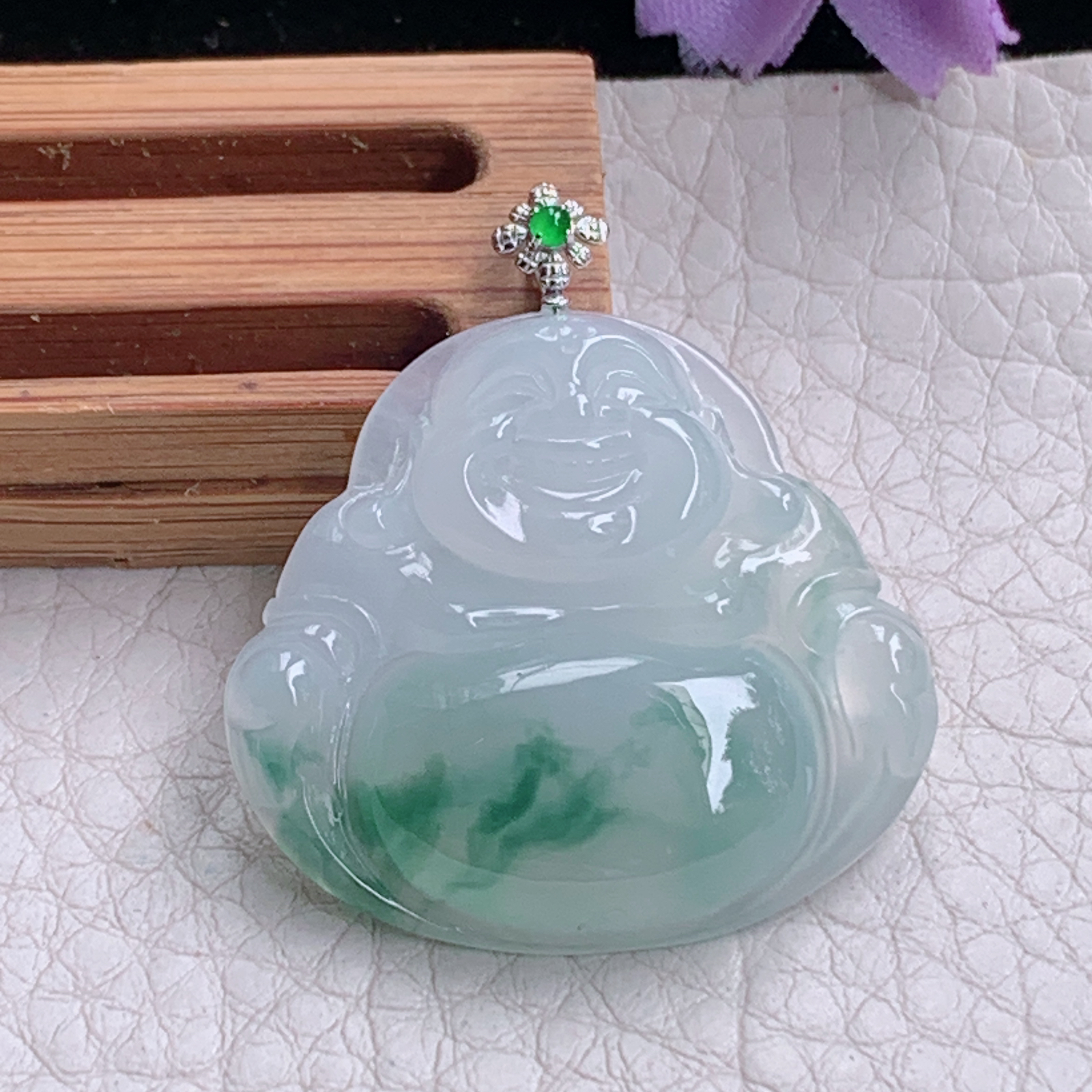 zz3实拍30*32.6*6缅甸翡翠冰种飘花大佛公吊坠 18k金扣弥勒佛玉坠