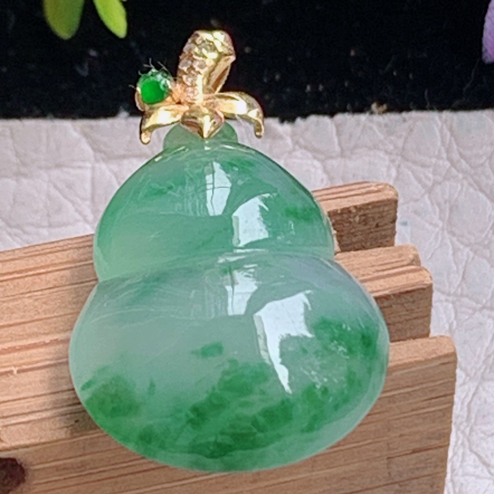 zz3实拍连金26.5*15.5*7.3缅甸翡翠冰种飘花葫芦吊坠 女款平安福禄玉坠