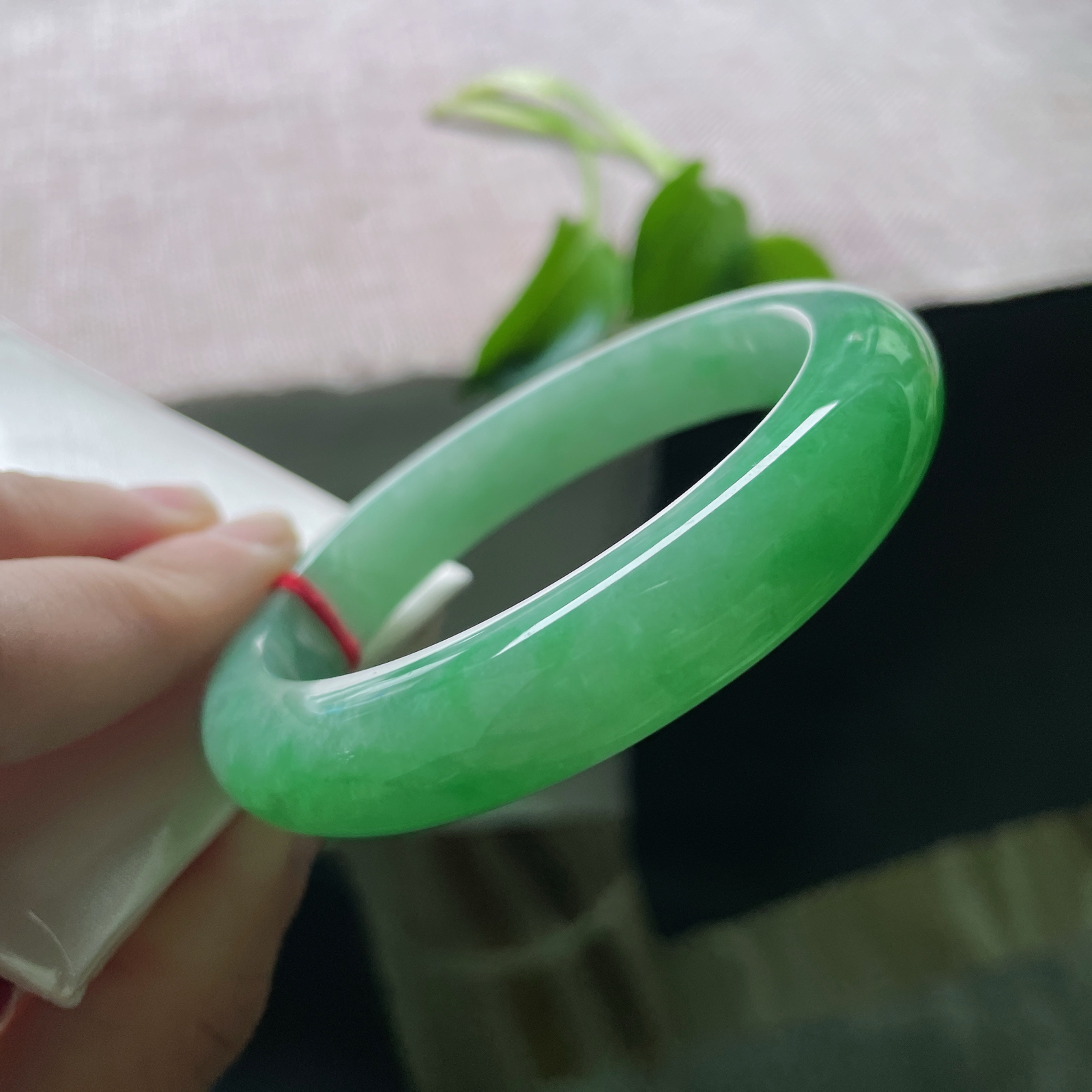 57.4/12.3/9.5，满绿正圈，色泽浓郁，腕间有青山，心中自有度。无纹裂