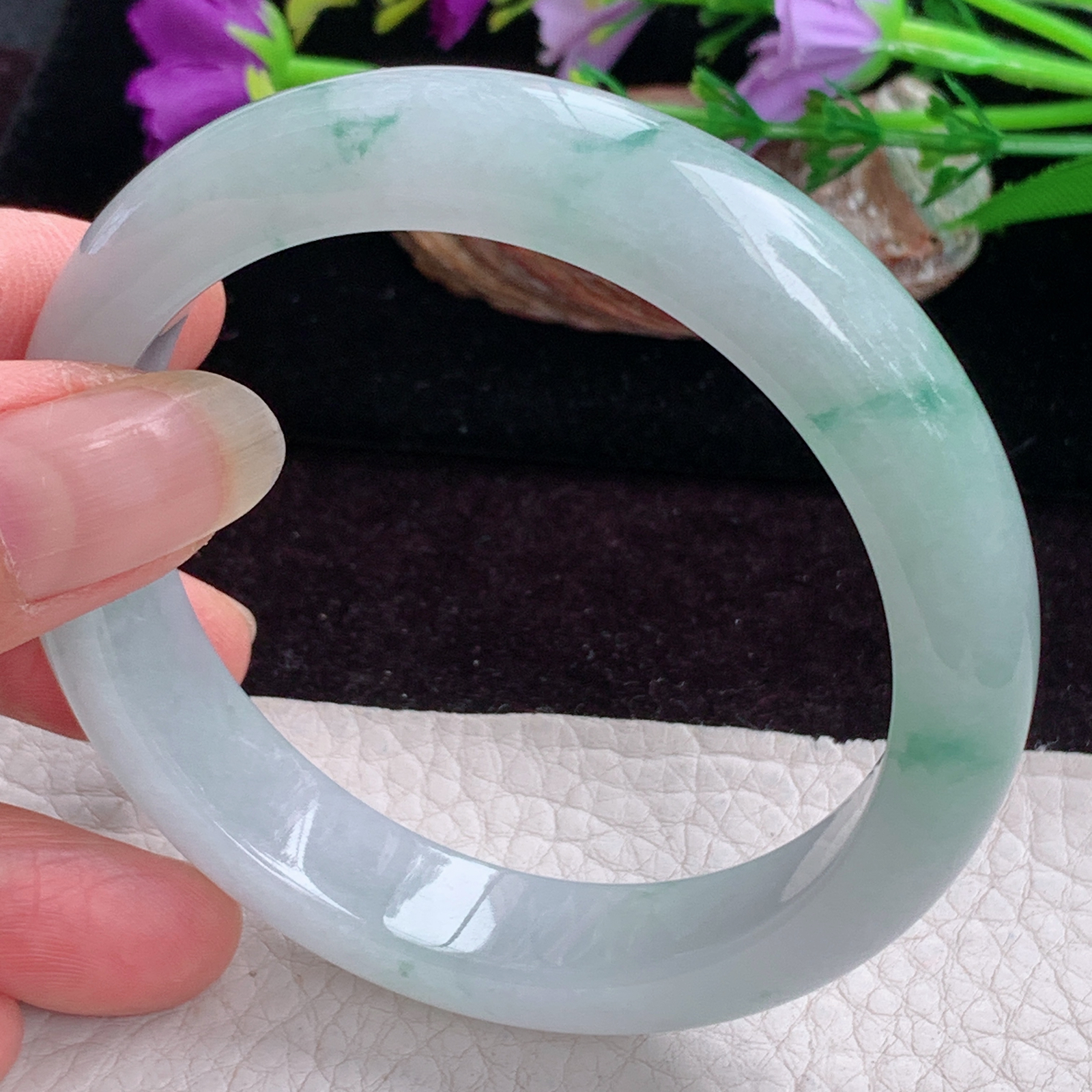 fx实拍58*13*8.7平安镯 天然缅甸翡翠手镯冰飘花胶感正圈玉镯子