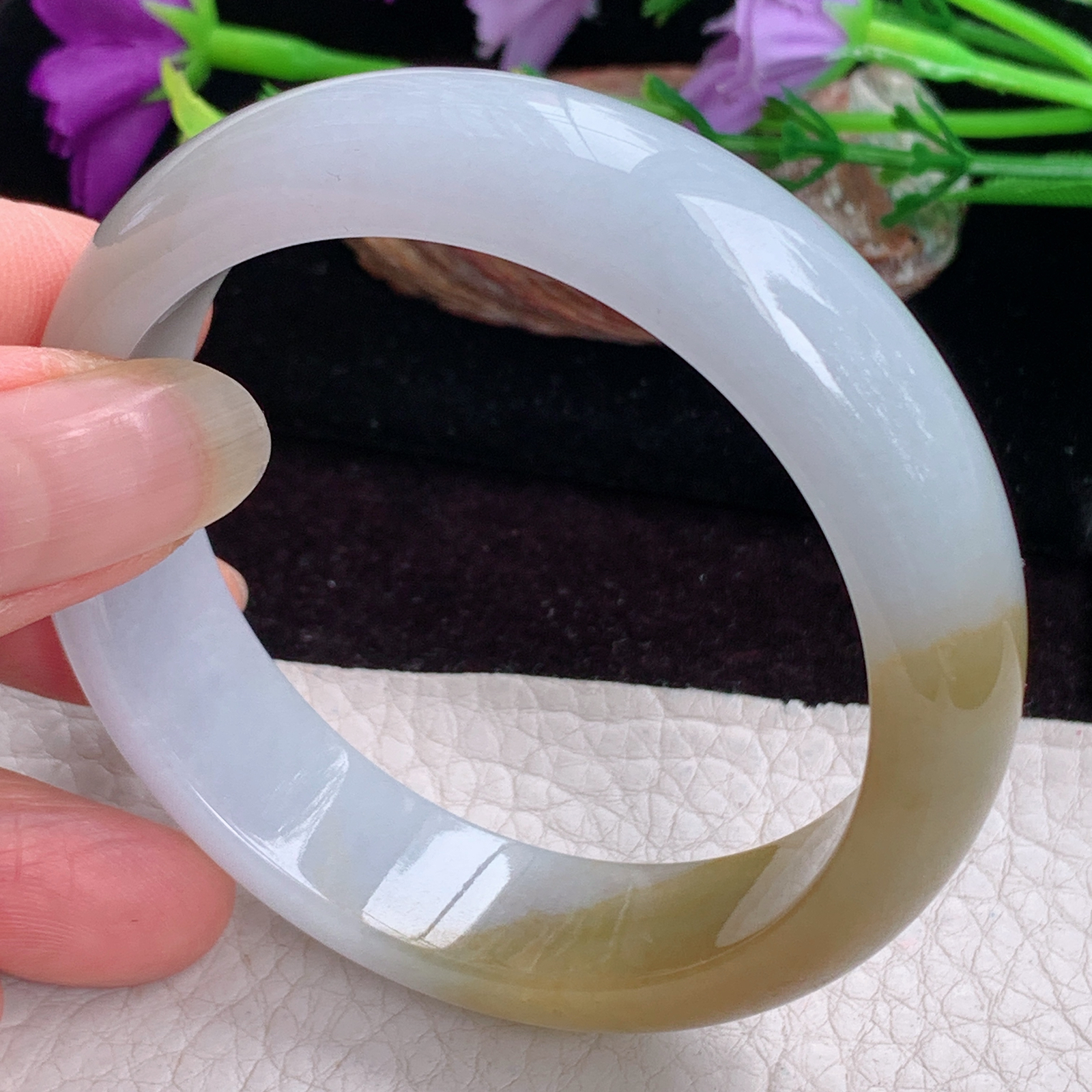 z实拍55*15*7.5招财轮胎镯 天然缅甸翡翠手镯双彩正圈玉镯子