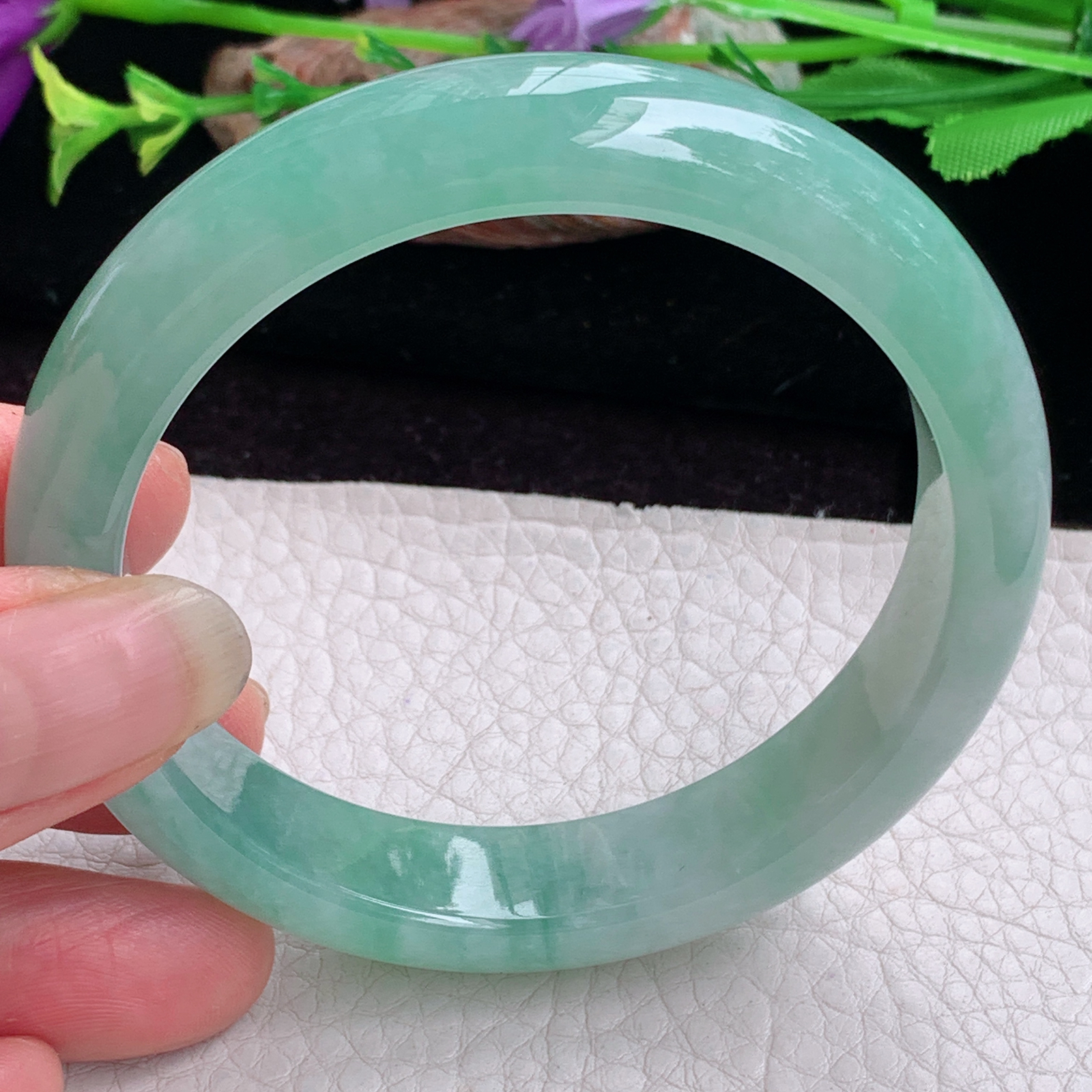 ee实拍57.5*13*8.2平安镯 天然缅甸翡翠手镯冰胶飘绿清爽大气正圈玉镯子