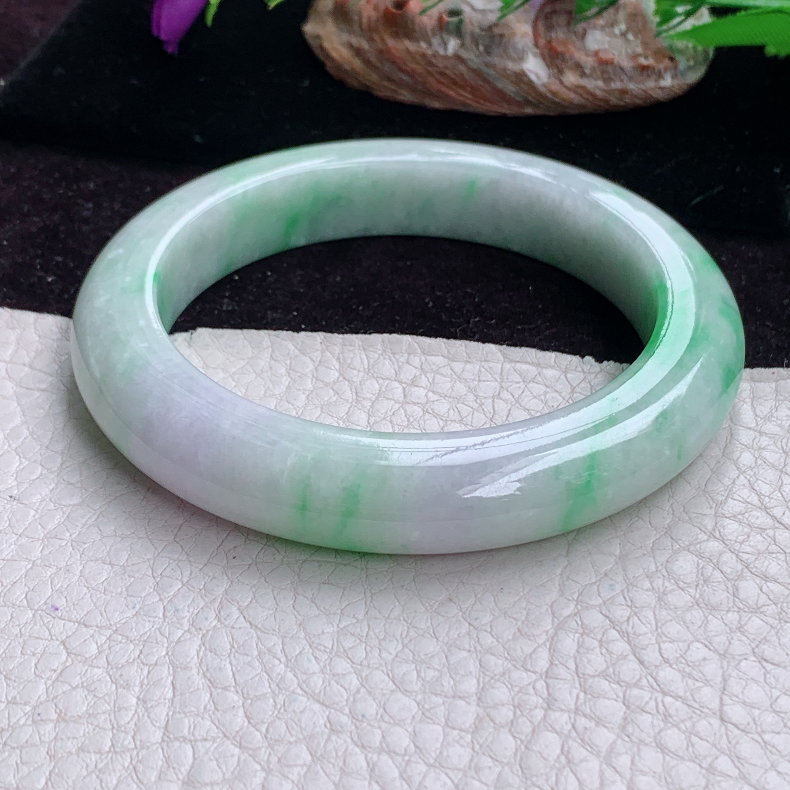 pj实拍58.8*11.8*10.5平安镯 天然缅甸翡翠手镯飘绿厚装正圈玉镯子