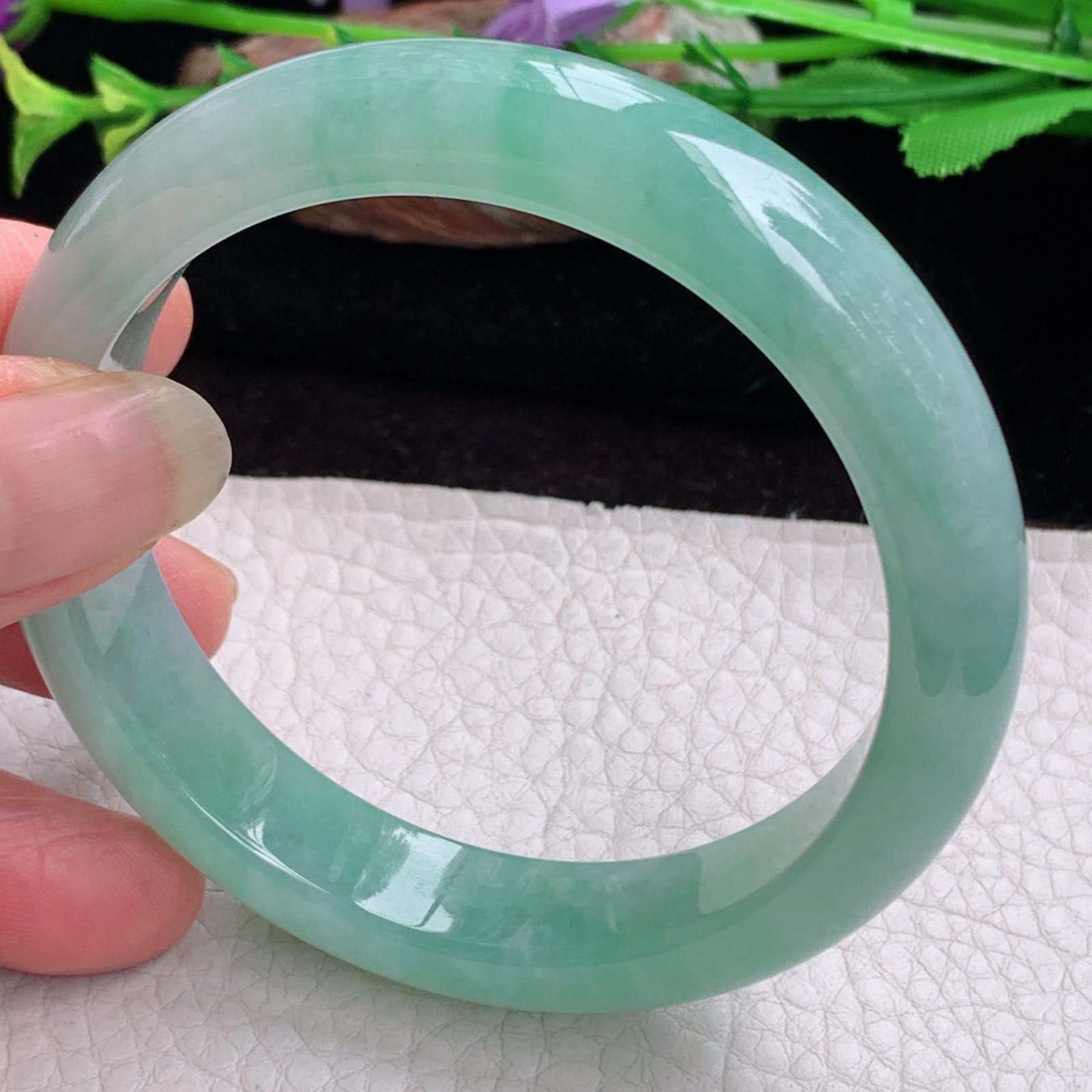 ee实拍57.5*13*8.2平安镯 天然缅甸翡翠手镯冰胶飘绿清爽大气正圈玉镯子