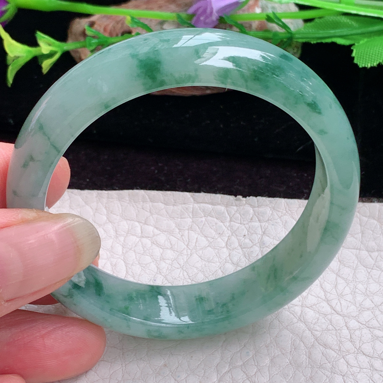 ee小圈口53*13.3*7.3平安镯 天然缅甸翡翠手镯冰飘花秀气正圈玉镯子