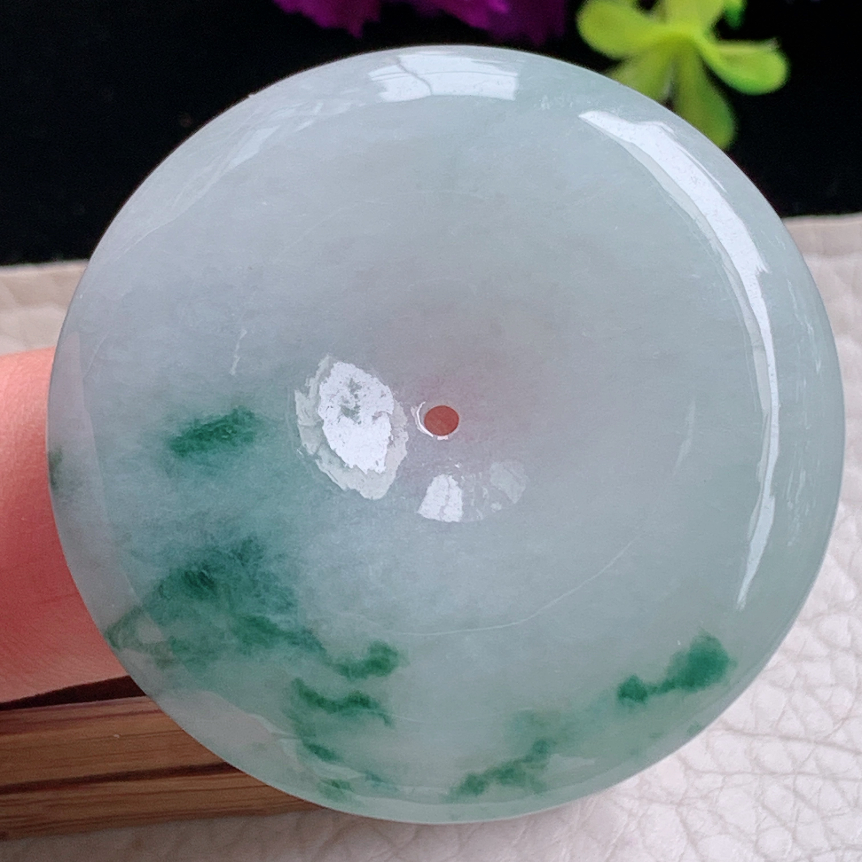 zz3实拍42.6*6.2缅甸翡翠白底飘花大平安扣吊坠国潮风玉扣毛衣坠