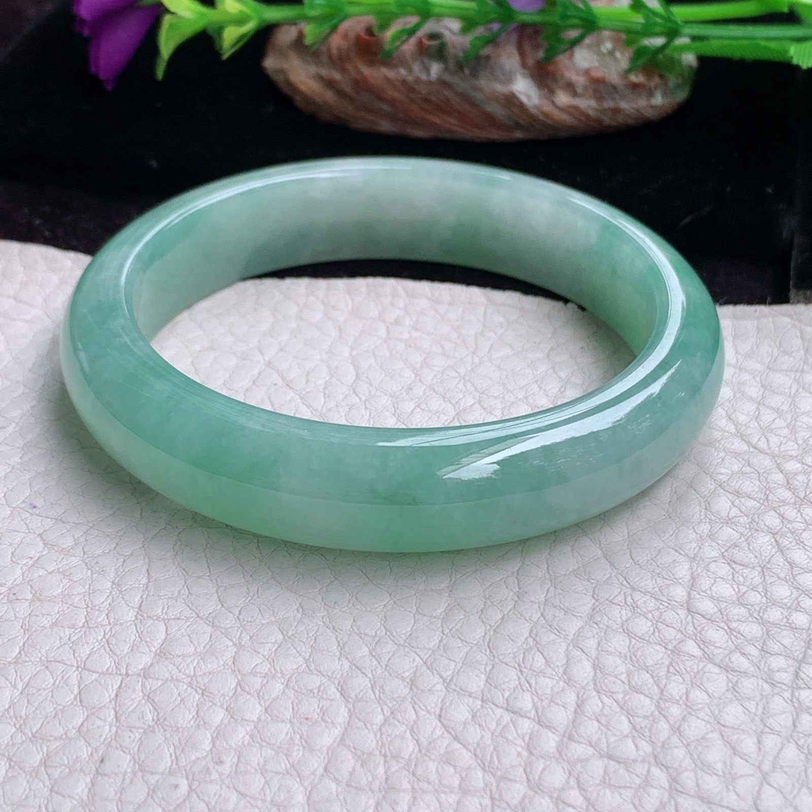ee实拍57.5*13*8.2平安镯 天然缅甸翡翠手镯冰胶飘绿清爽大气正圈玉镯子