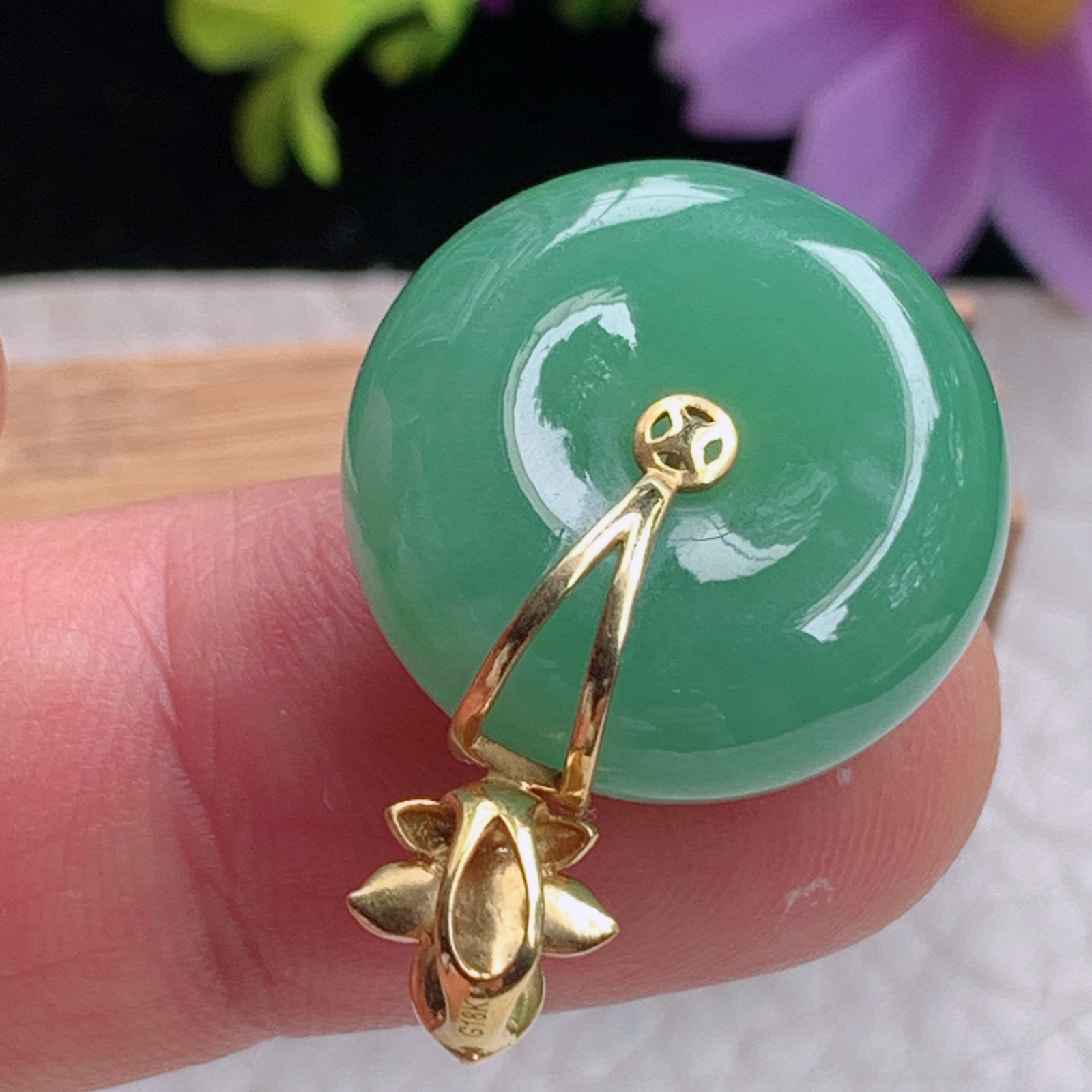 zz3实拍30*21*9缅甸翡翠冰晴水满绿平安扣吊坠 面包扣平安镶金玉坠