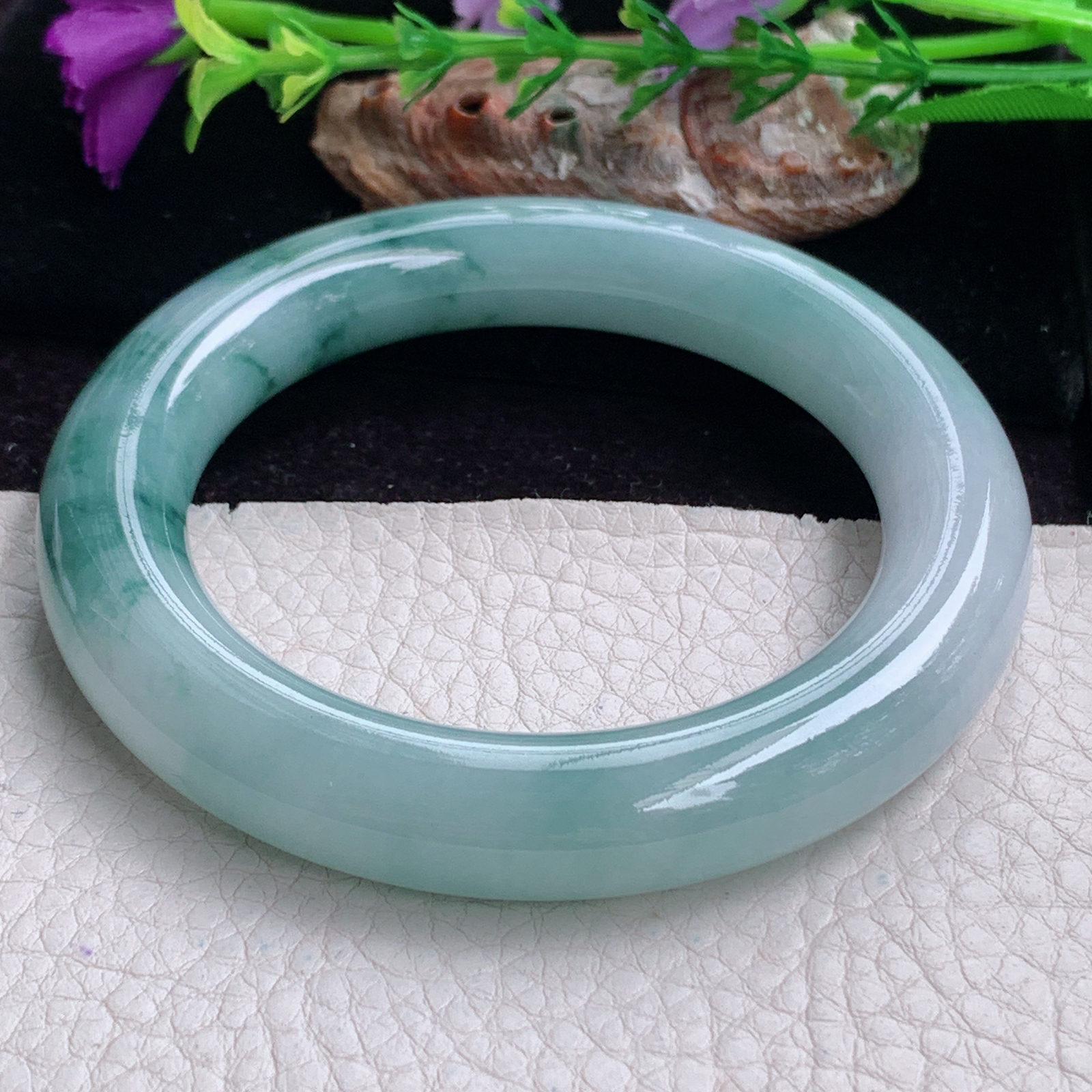 z实拍56*11.5*12胖圆镯 天然缅甸翡翠手镯飘花大气圆条正圈玉镯子