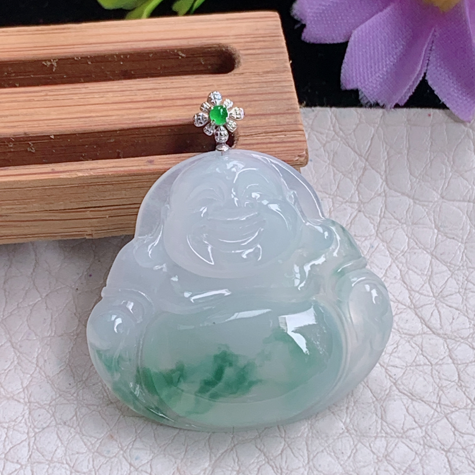 zz3实拍30*32.6*6缅甸翡翠冰种飘花大佛公吊坠 18k金扣弥勒佛玉坠