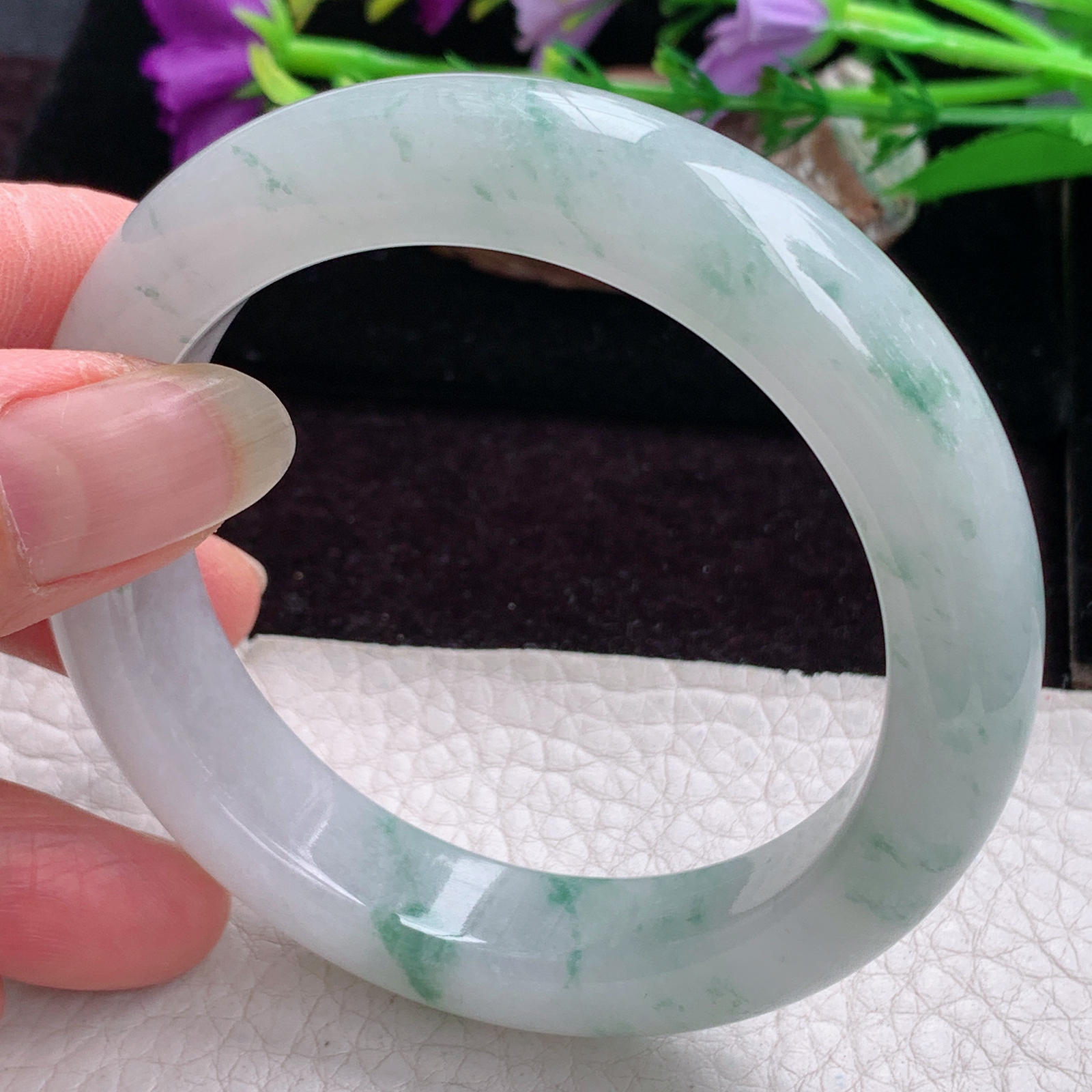 js实拍56*13.3*9.5平安镯 天然缅甸翡翠手镯冰飘花厚装正圈玉镯子