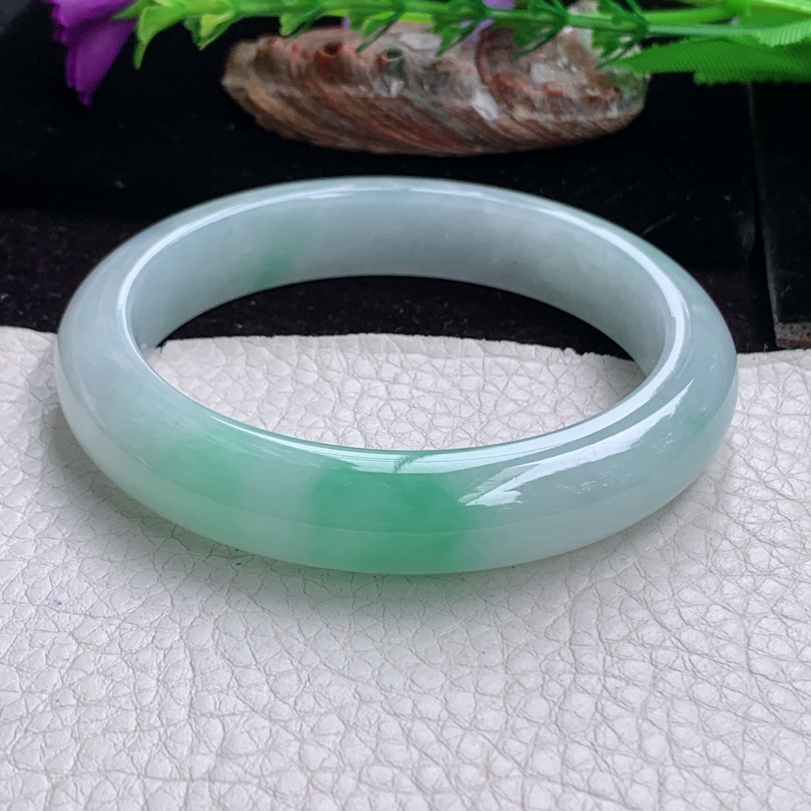 hy大圈口59.5*12.3*8.8平安镯 天然缅甸翡翠手镯冰飘绿正圈玉镯子