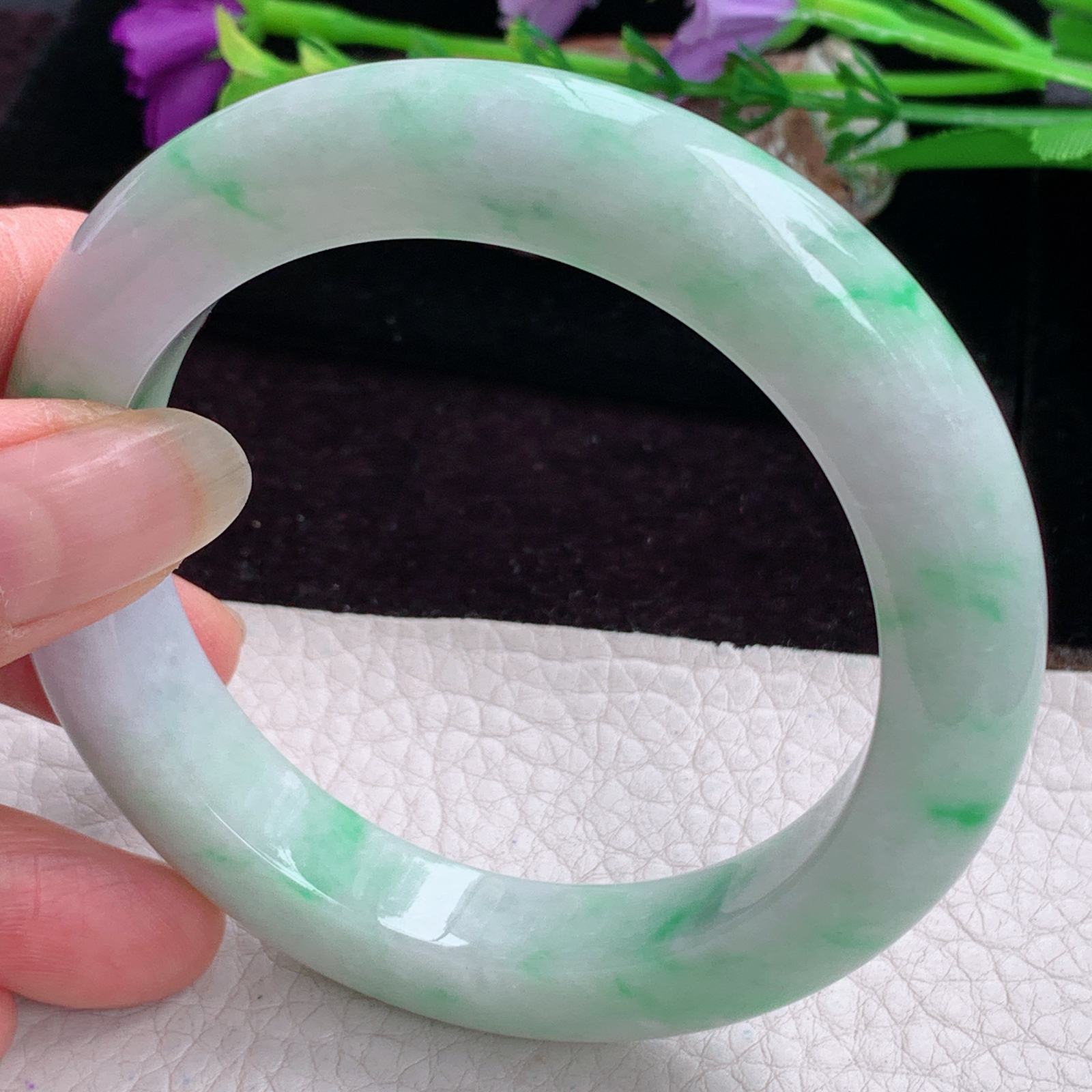 pj实拍58.8*11.8*10.5平安镯 天然缅甸翡翠手镯飘绿厚装正圈玉镯子