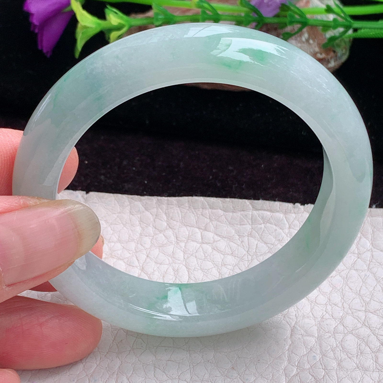 z小圈口52*12.5*8.2平安镯 天然缅甸翡翠手镯飘花秀气正圈玉镯子