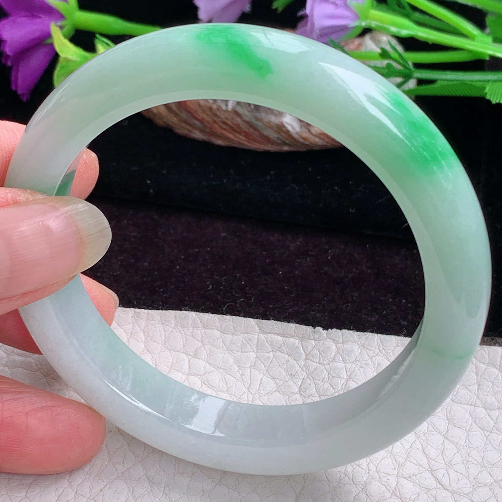 yh实拍56*11.2*8.2平安镯 天然缅甸翡翠手镯白底青正圈玉镯子