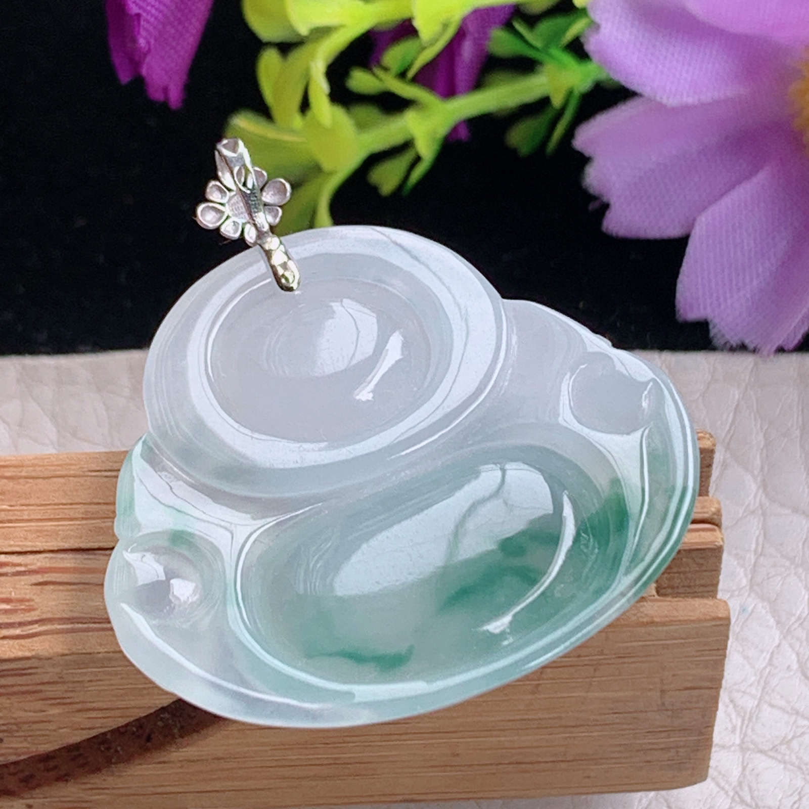 zz3实拍30*32.6*6缅甸翡翠冰种飘花大佛公吊坠 18k金扣弥勒佛玉坠