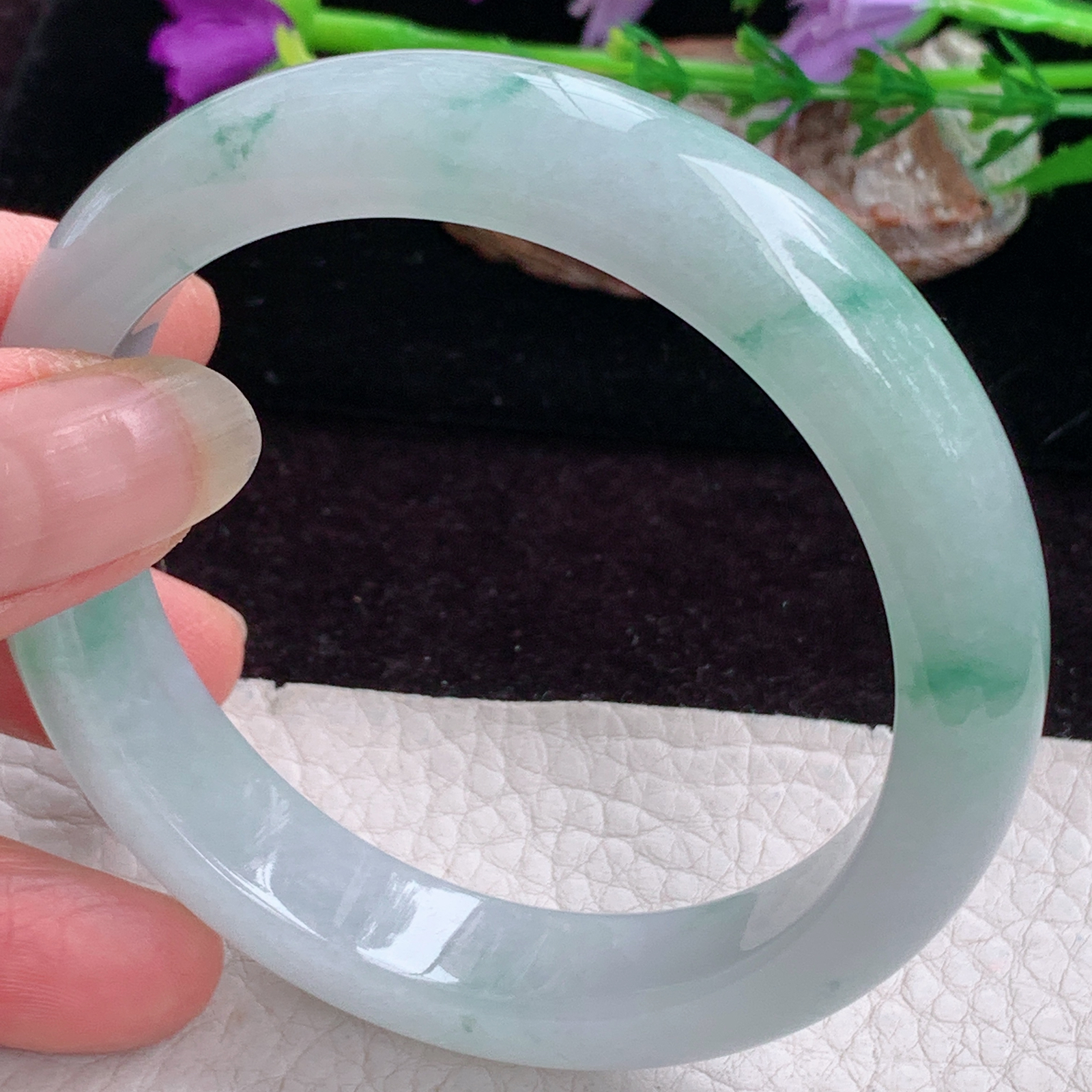 fx实拍58*13*8.7平安镯 天然缅甸翡翠手镯冰飘花胶感正圈玉镯子