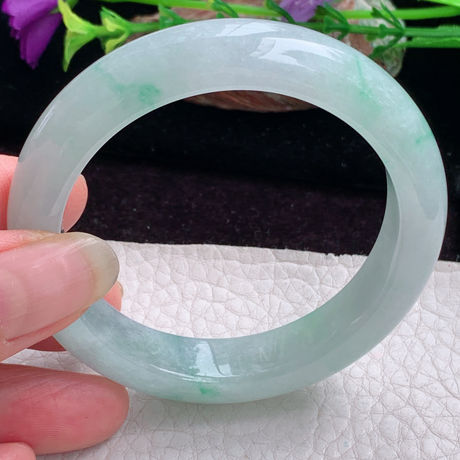 z小圈口52*12.5*8.2平安镯 天然缅甸翡翠手镯飘花秀气正圈玉镯子